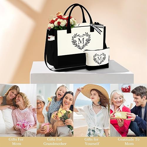 Miniatura 8 de YOOLIFE Regalos para mujeres  Bolsa de playa con monograma inicial con bolsa de maquillaje, día de la madre, regalos de cumpleaños para mujeres y