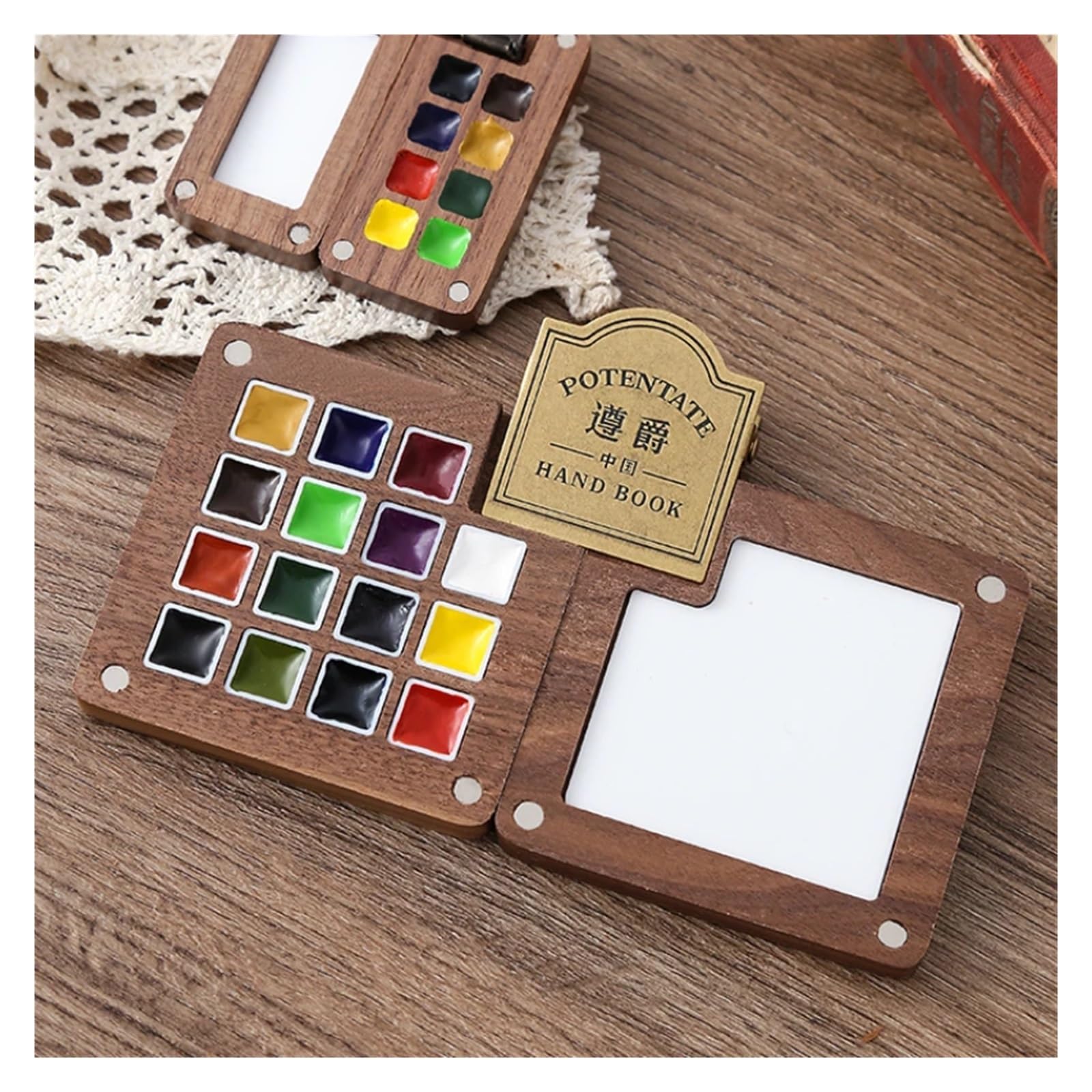 Kit Aquarelle Voyage Magnétique En Noyer - 24 Couleurs, Palette Pliable, Bloc à Dessin & Pinceaux Inclus | Idéal Débutants Et Artistes En Extérieur