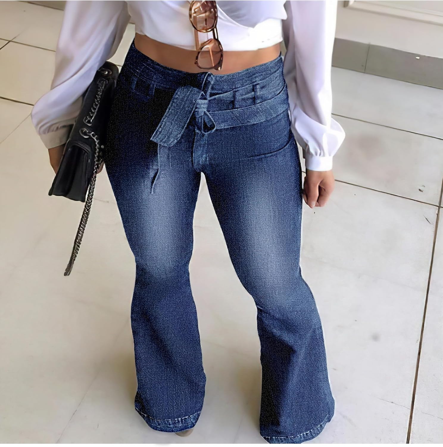 Pantete Womens High Waisted Bell Bottom Jeans Denim High Rise Flare Jean Pants with Wide Leg and Belt - Image 3