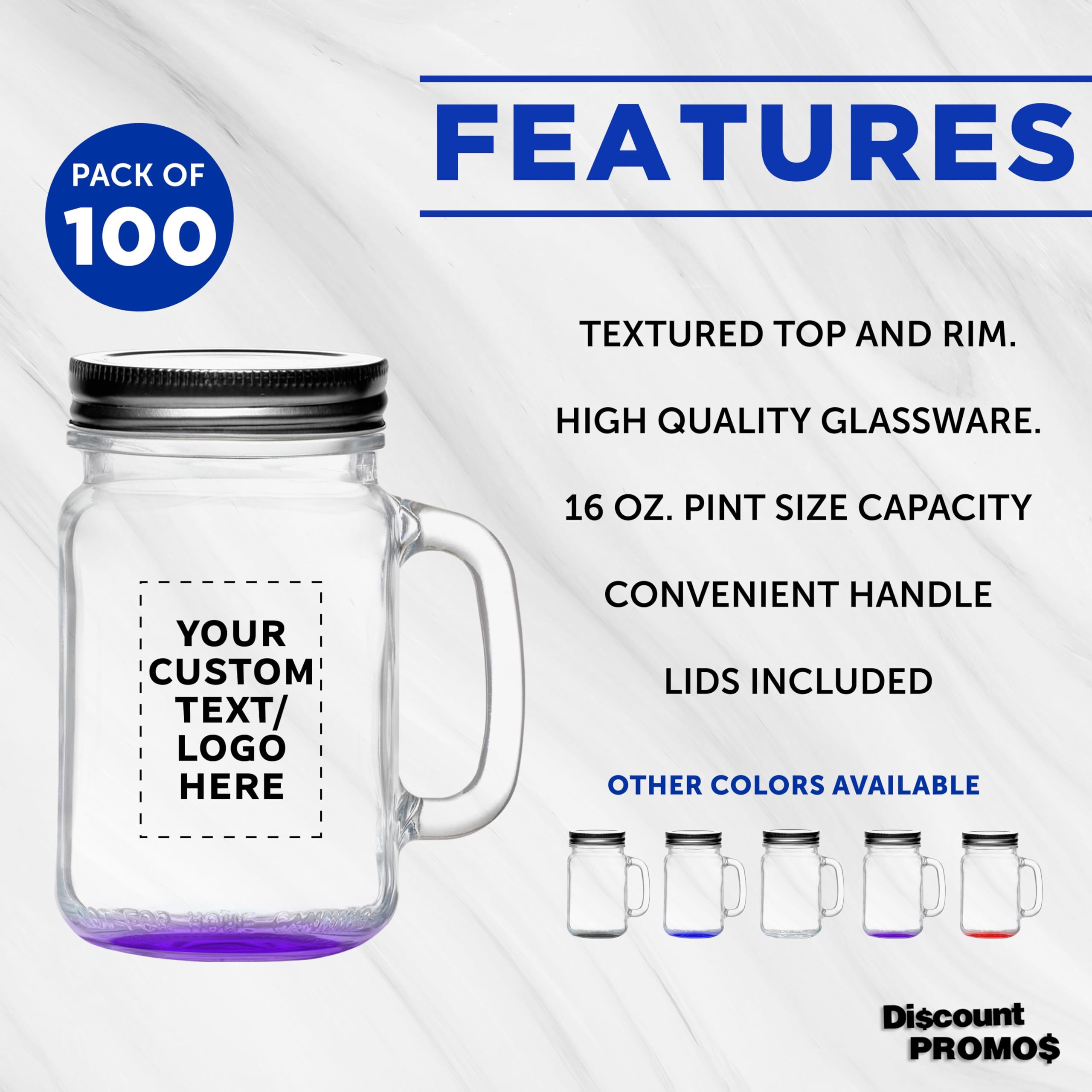 DISCOUNT PROMOS 100 Handle Mason Jars with Lids Set, 16 oz. - Personalized Text, Logo - Traditional style, Drinking, Glassware - Purple