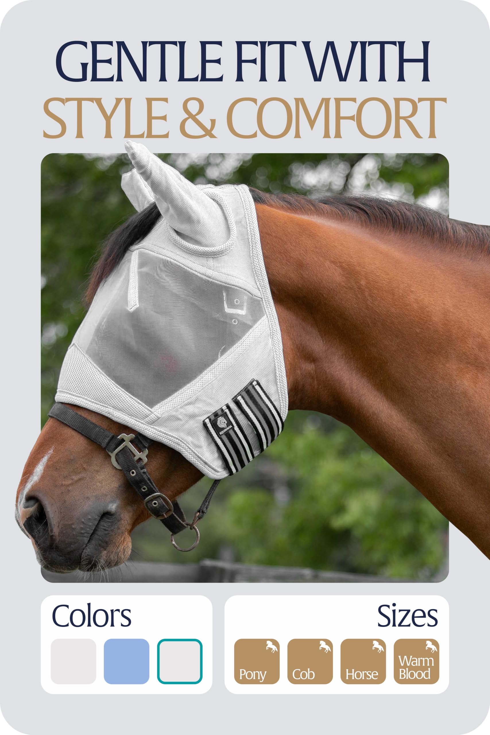 Equinavia Algard - Máscara de Malla Suave para Caballo con protección auditiva y clasificación SPF 45, sin irritación Ocular y protección UV, Color Plateado