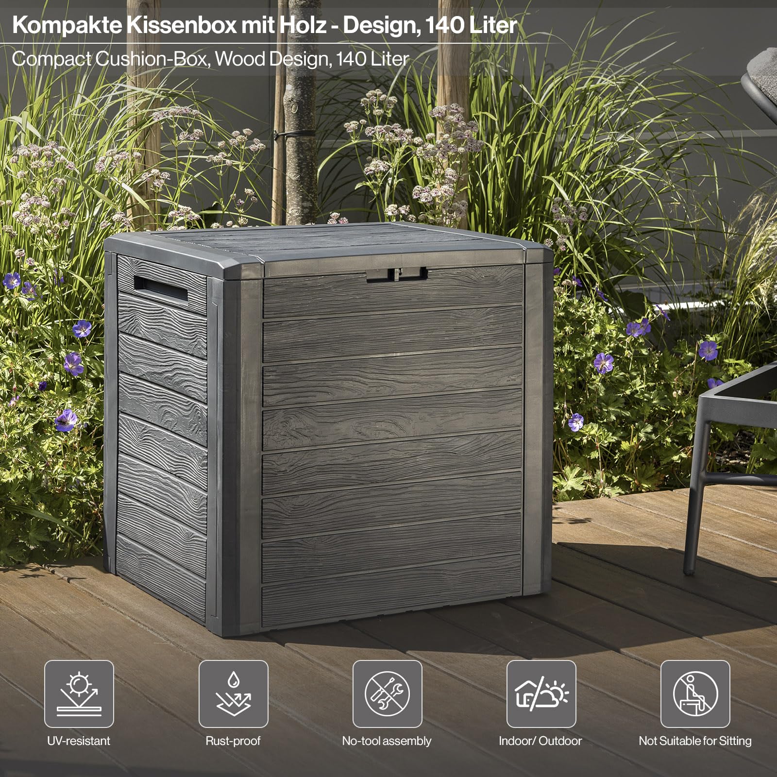 Kreher Kompakte Kissenbox/Aufbewahrungsbox in Anthrazit mit 140 Liter Volumen. Robust, abwaschbar und einfach im Aufbau!