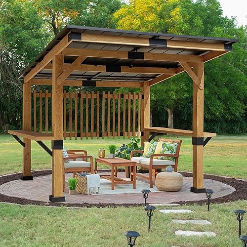 RICHRYCE 10 x 11ft Hardtop Gazebo, Outdoor Cedar Gazebo Patio Wood Pergola with Steel Hardtop and Bar Counters for Garden, Patio, Backyard