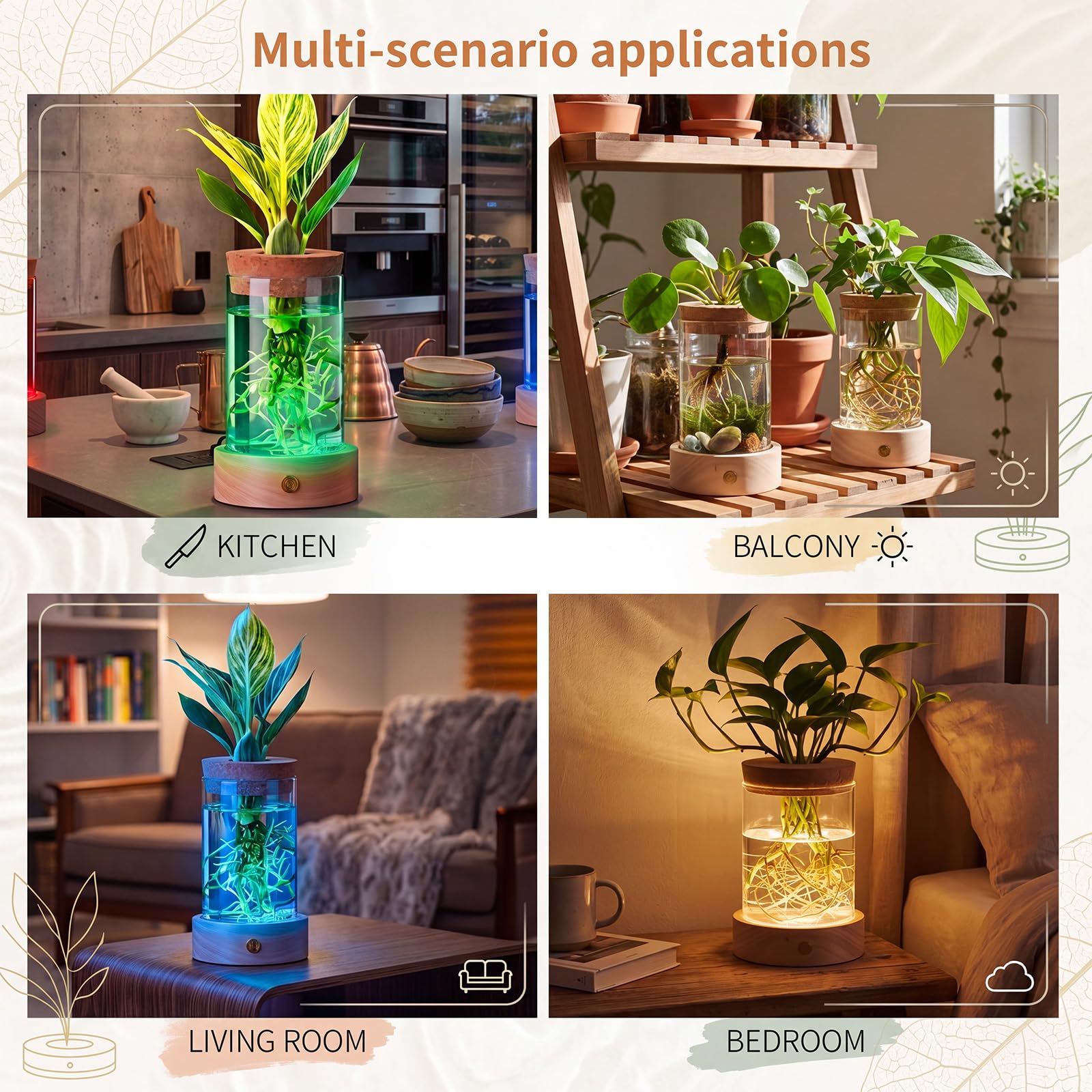 Junkin Pflanzen-Anzuchtstation mit 7 Farben einstellbarem LED-Licht, Glas-Pflanzen-Terrarium für Hydrokulturvasen, Stecklinge, Blumen, Heimbüro-Dekoration, Pflanzgefäßliebhaber, Geschenke, 4 Stück