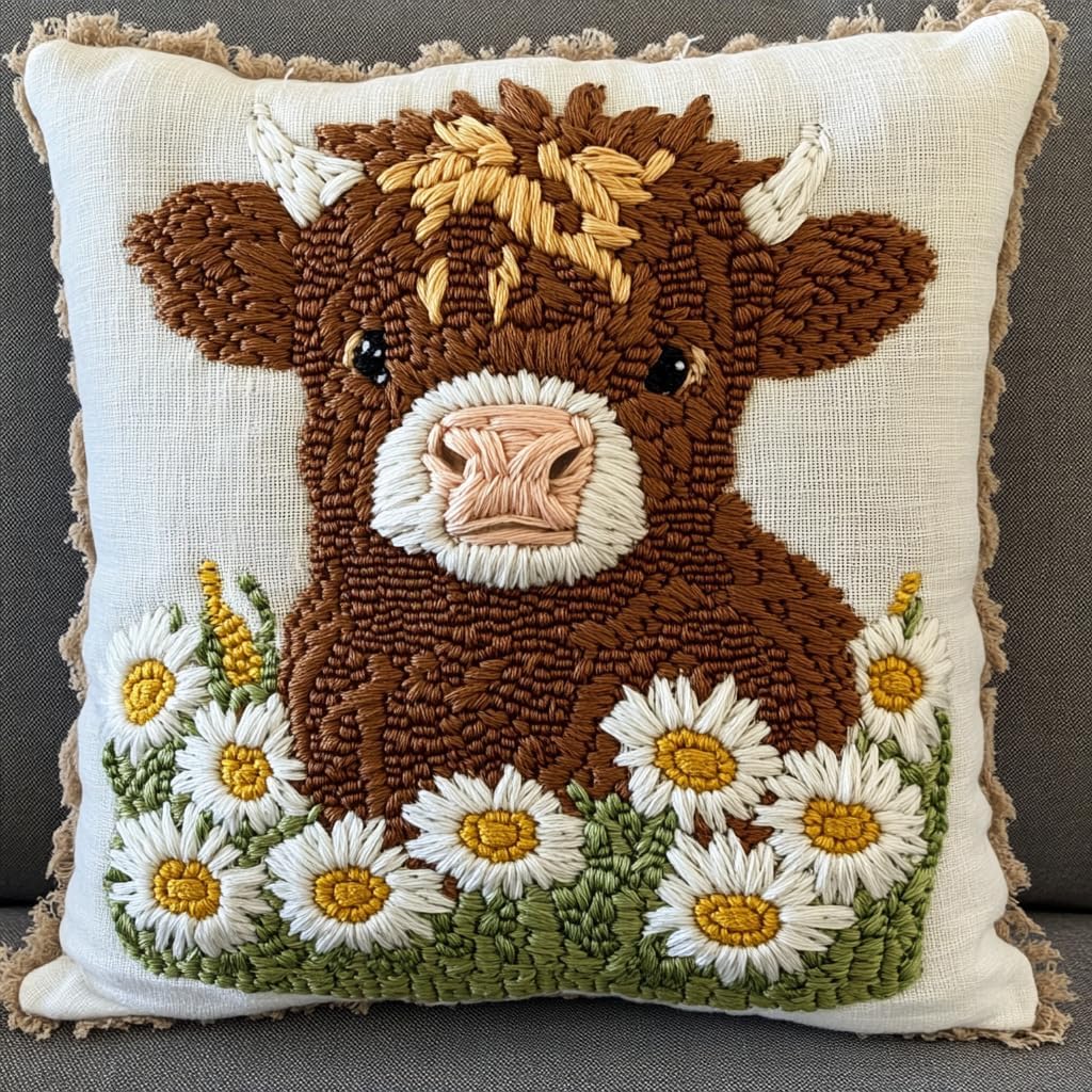 DIY Punch Needle Pillow Kit Brown Highland Cow Daisy Flowers with Pattern and Hoop Handmade Embroidery Punch Needle Starter Pillowcase Making Set for Home Sofa Decoration 43x43cm-27