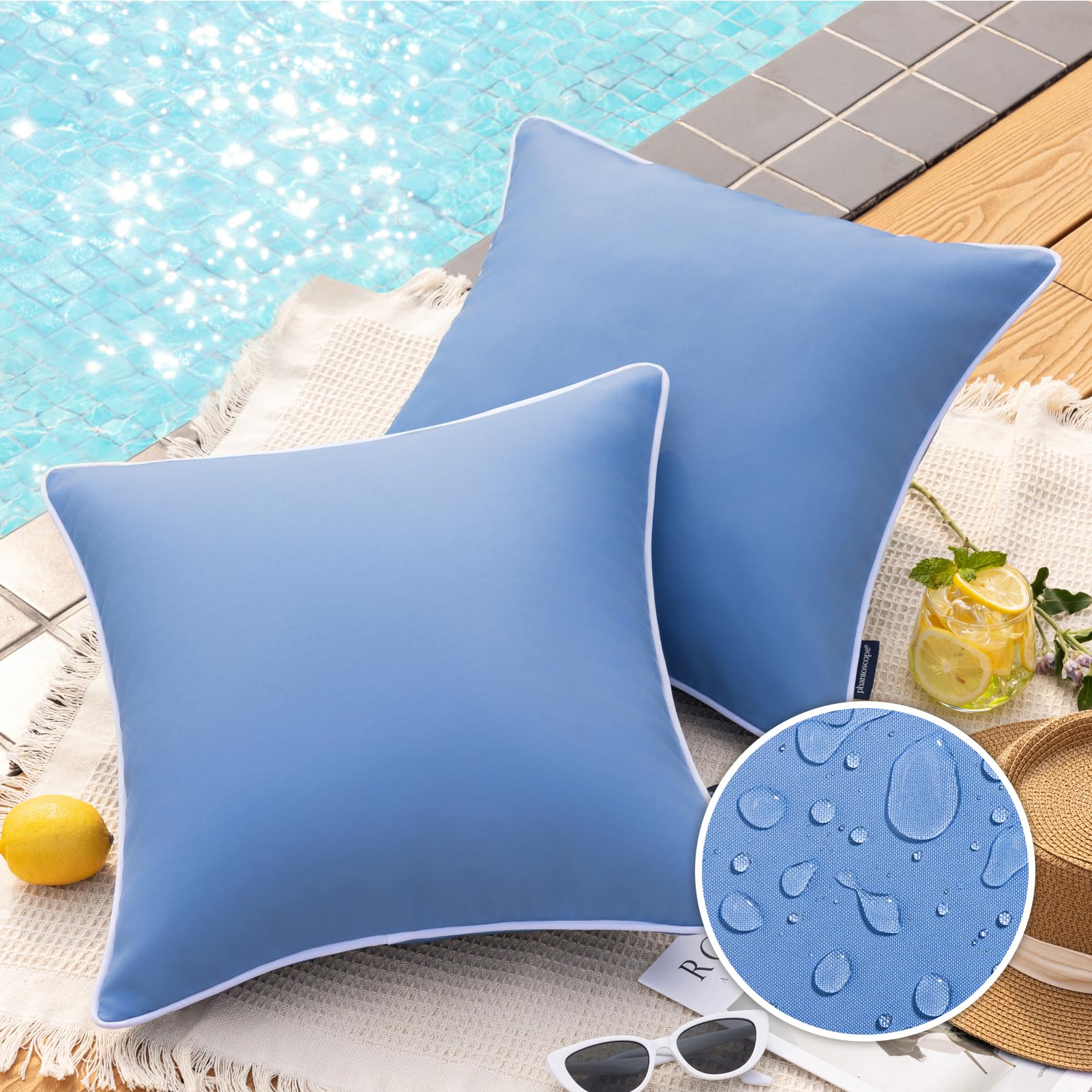 Two foggy blue square pillow covers on a white chair | Mubboo
