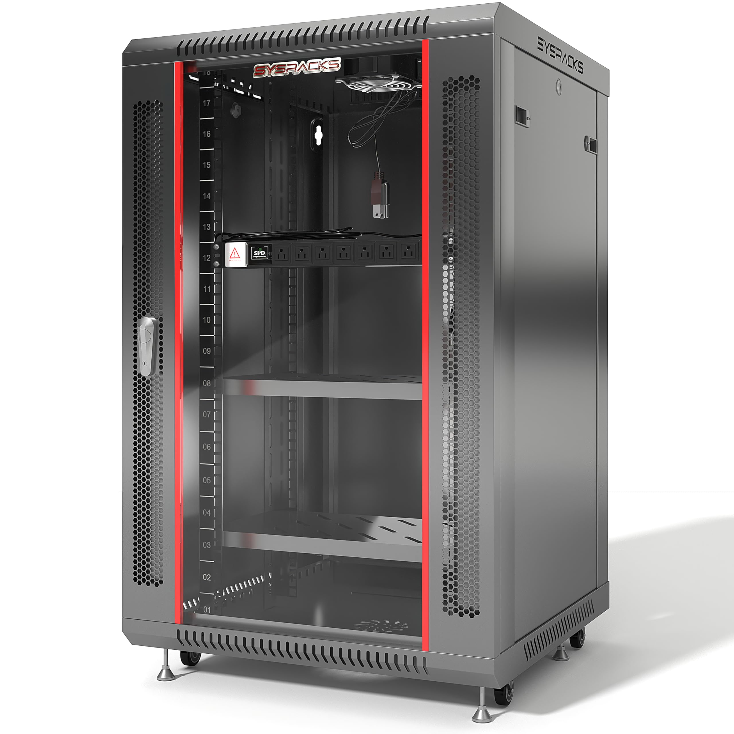 Sysracks 18U Wall Mount Server Rack Cabinet, 19” Locking Network Rack, 24” Deep, Glass Door, with Fan, PDU and Shelf