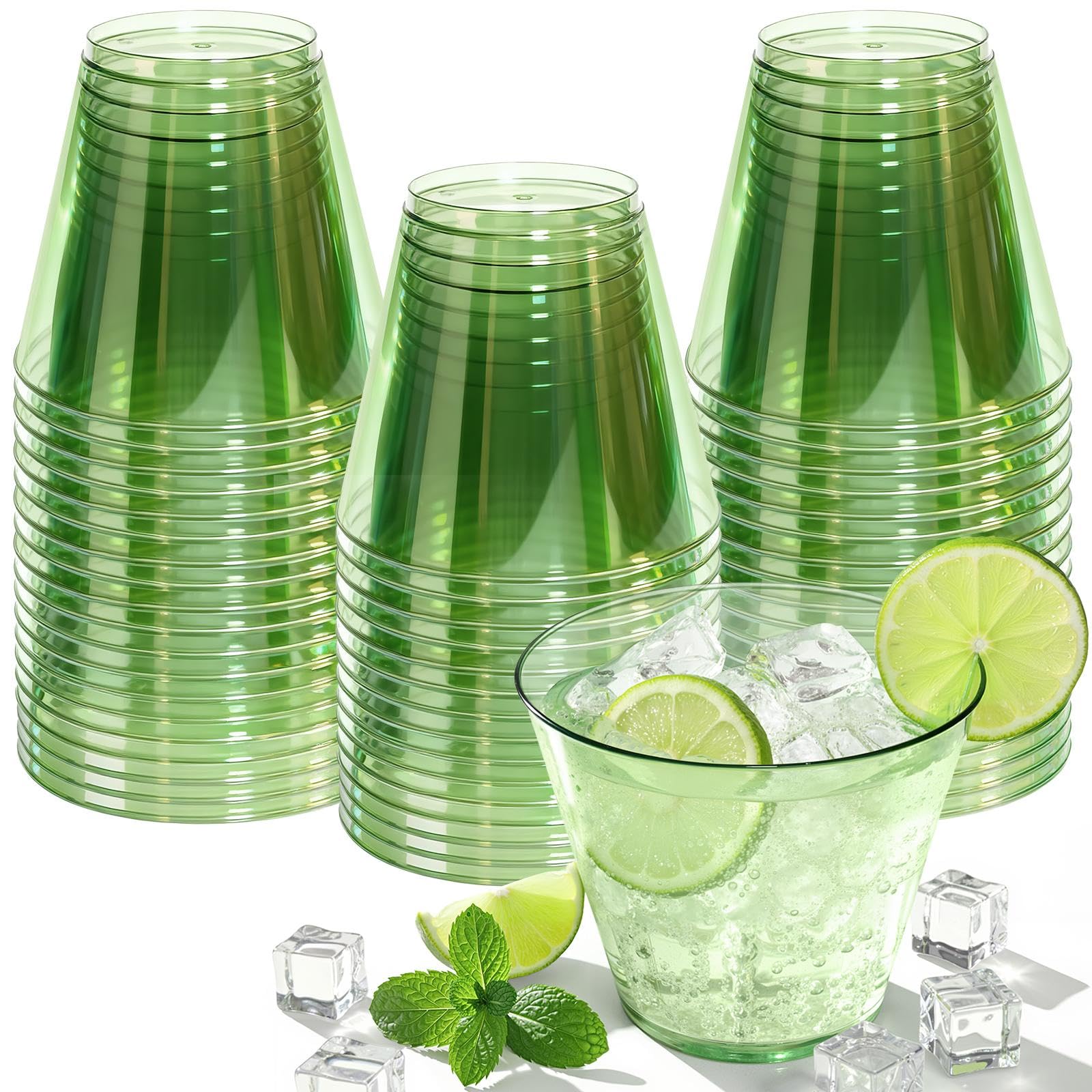 Glowserve 9 OZ Green Disposable Plastic Cups Cocktail Cup 50 Pack | Fancy Cocktail Cup,Stemless Wine Glass,Wedding Wine Glasses,Graduation Birthday,Party Essentials