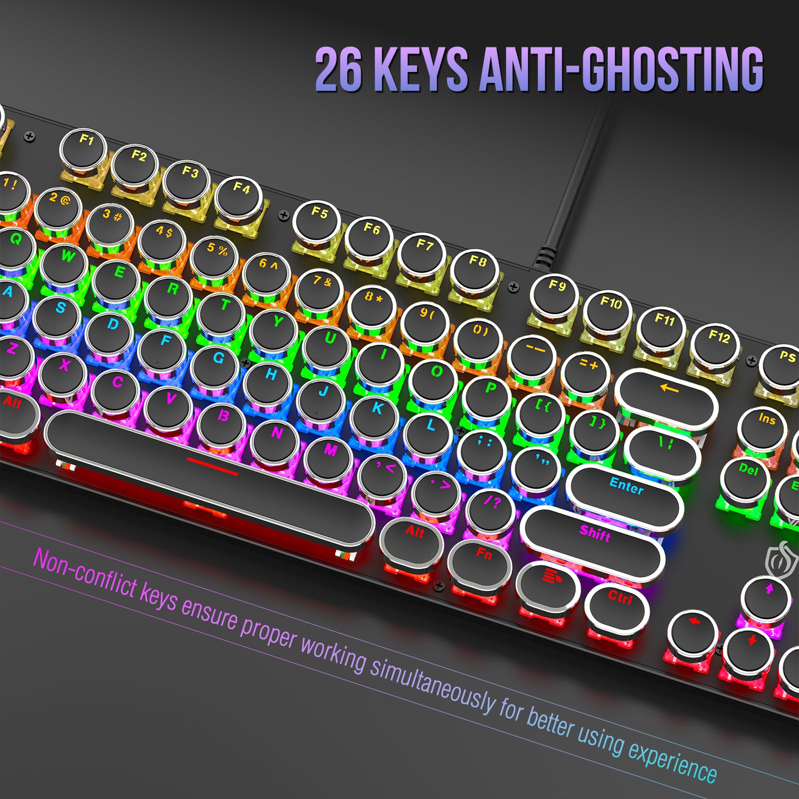 Clavier de jeu mécanique pour machine à écrire avec interrupteurs rouges rétroéclairés à la lumière arc-en-ciel, 104 touches, style machine à écrire filaire confortable Soud (LED noire)