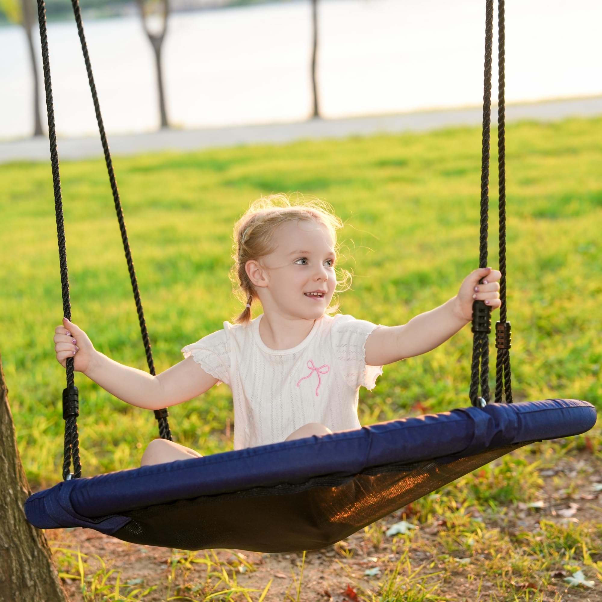 RPET - Dondolo a nido per bambini, capacità 160 kg, cinghie regolabili per alberi e 2 moschettoni, certificato UKCA e CE, per uso interno ed esterno (blu reale)