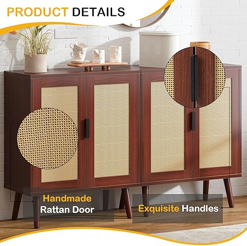 Miniatura 7 de SogesHome Gabinete de almacenamiento de ratán de 2 niveles para el hogar, armario de cocina con puerta, aparador natural con 2 estantes interiores