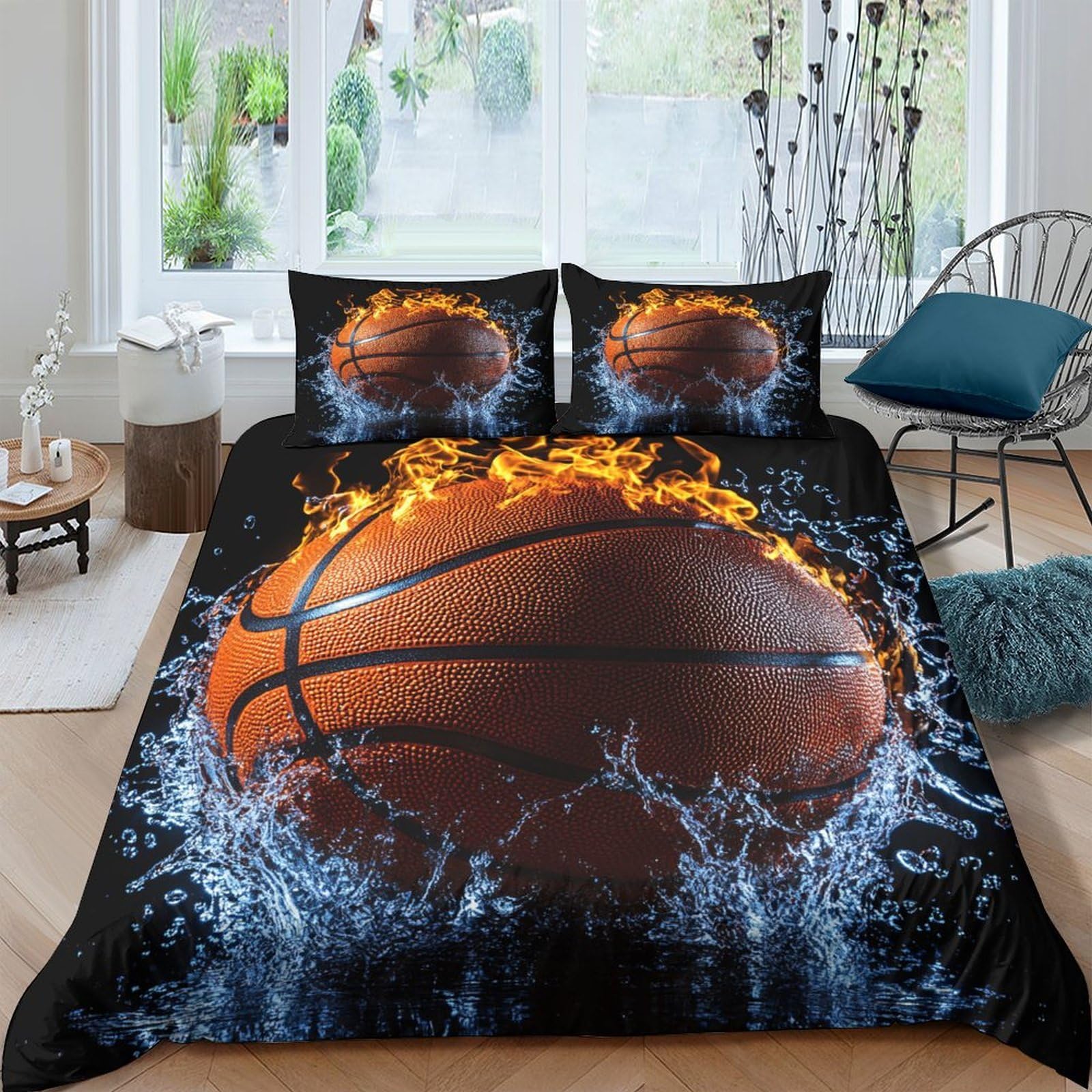 Ctjqhvkz Style-8 3D Printed Fire Basketball Fitted Sheet Microfiber Splash Water Bed Cover For Bedroom Dorm Mattress Protection Decor Single（135X200cm）