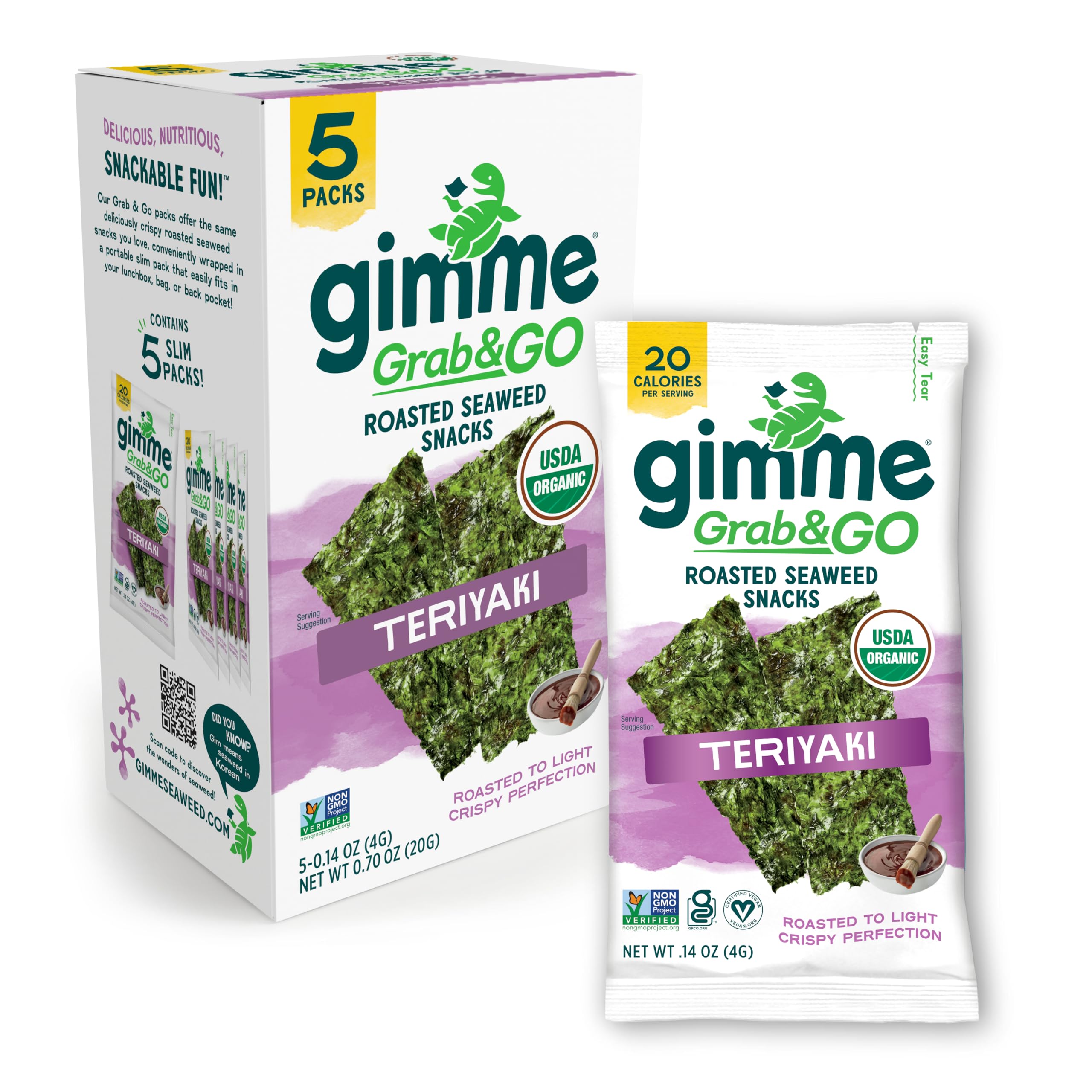 gimMe Grab & Go Organic Roasted Seaweed Sheets Teriyaki Keto Vegan Gluten Free Great Source of Iodine and Omega 3’s Healthy OnTheGo Snack for Kids Adults, 5 Count
