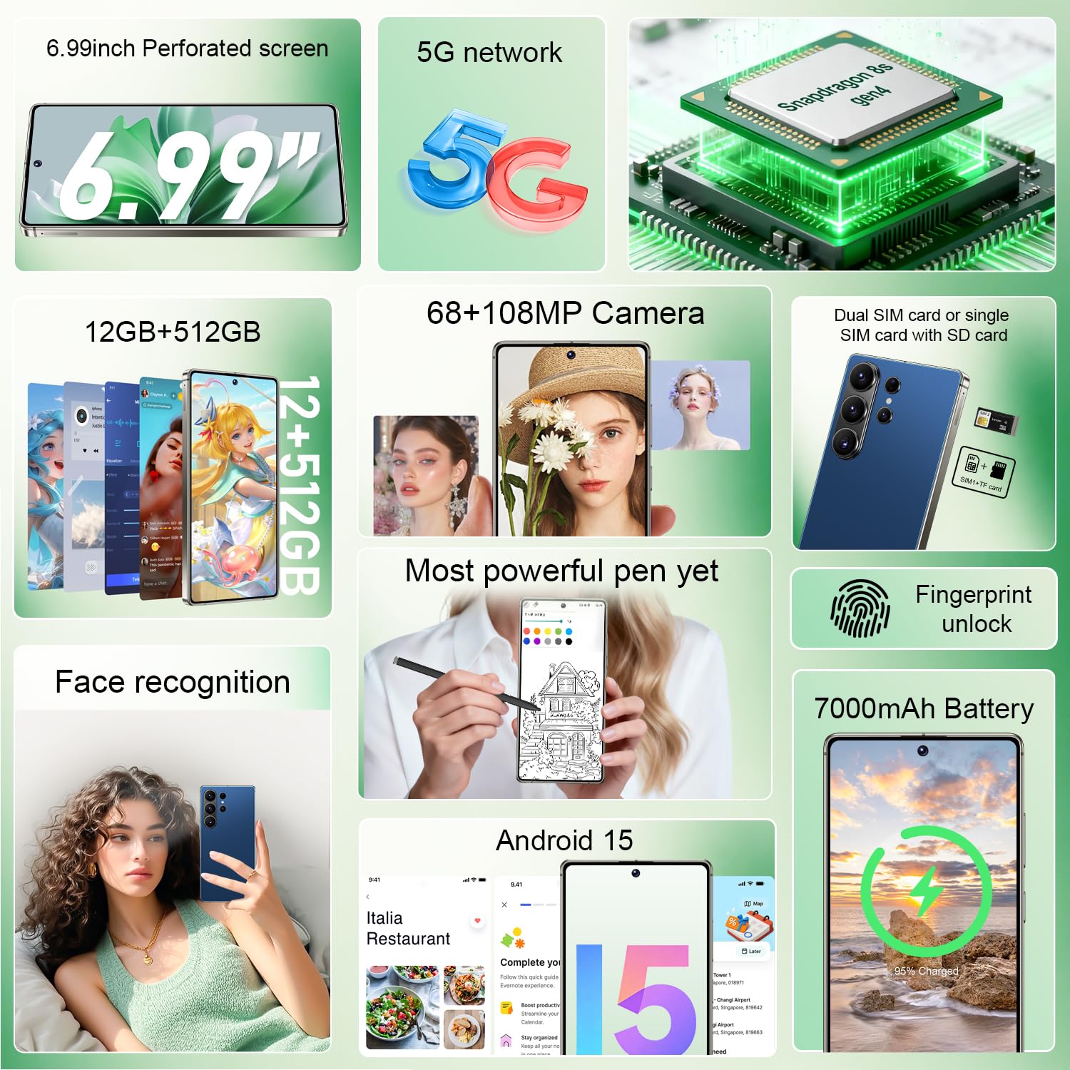 WWT 26 Ultra Unlocked Phone,Android 15 12+512GB Smartphone,Built in Pen The Phone,Cell Phone Battery 7000mAh 6.99" HD Screen,Dual SIM/5G/Face ID/Fingerprint Lock/GPS (Deep Blue, 12+512GB) — view 2