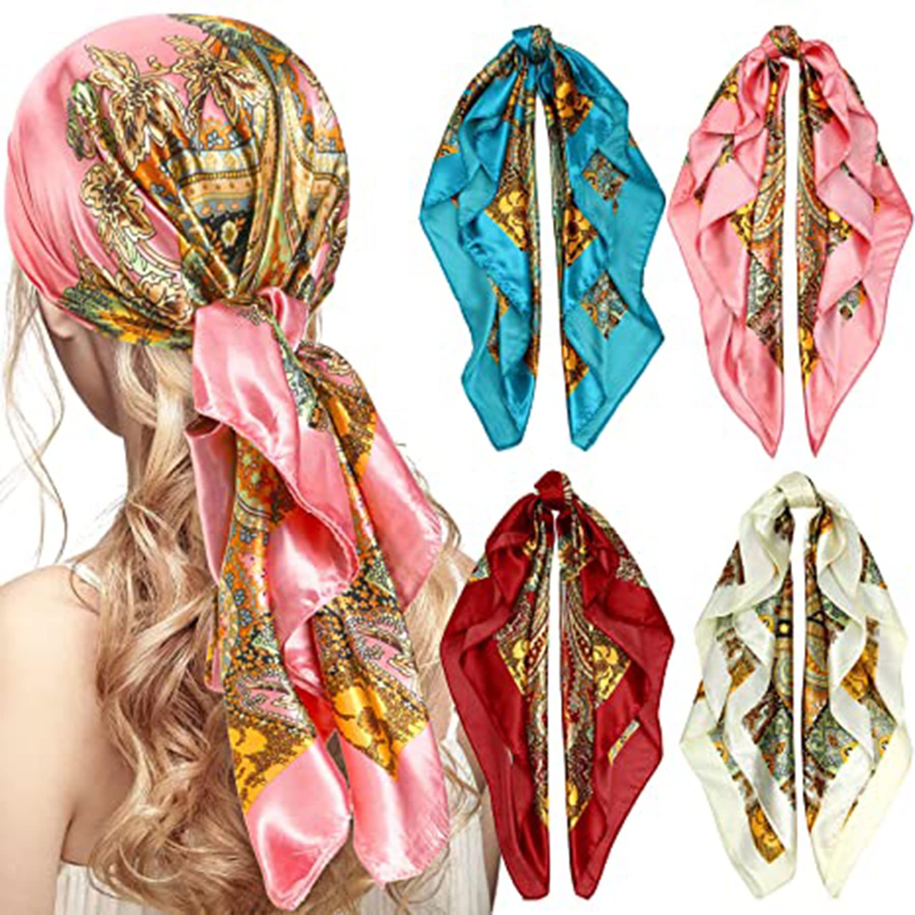 ELECDONELECDON Head Scarves, 35โ Satin Large Square Silky Feeling Headband, Satin Boho Hair Bandanas, Cashew Square Scarves Neckerchief, Fashion Hair Accessories for Women, 4 Pack (Vintage Series)