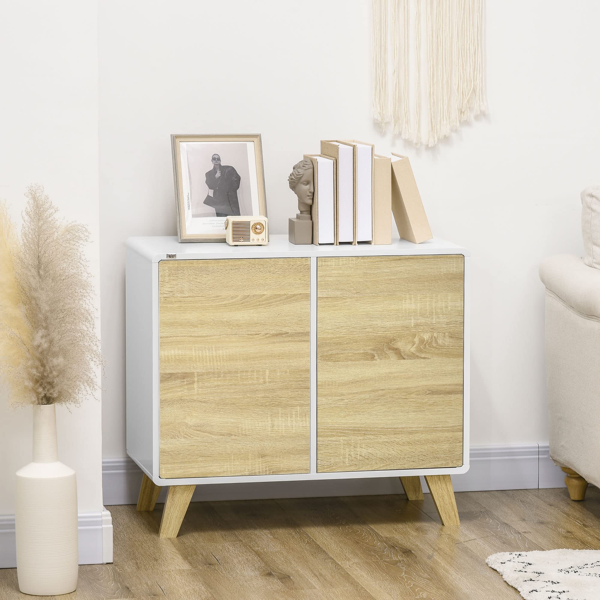 HOMCOM Mobile Multiuso con 2 Ante, Mobile Multiuso con Ante a Pressione e Mensole Regolabili, Mobiletto Salotto e Camera in Legno, 80x40x70cm, Bianco e Quercia