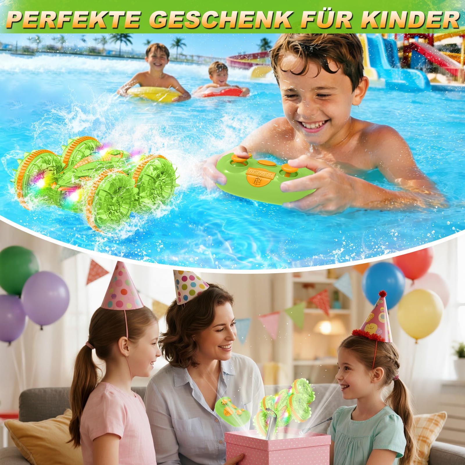 MidiVix Macchina anfibia telecomandata, 90 minuti di gioco, 2,4 GHz, double-face, con luce LED, rotazione a 360°, piscina e attività all'aperto, regalo per bambini da 6 a 12 anni, verde e arancione