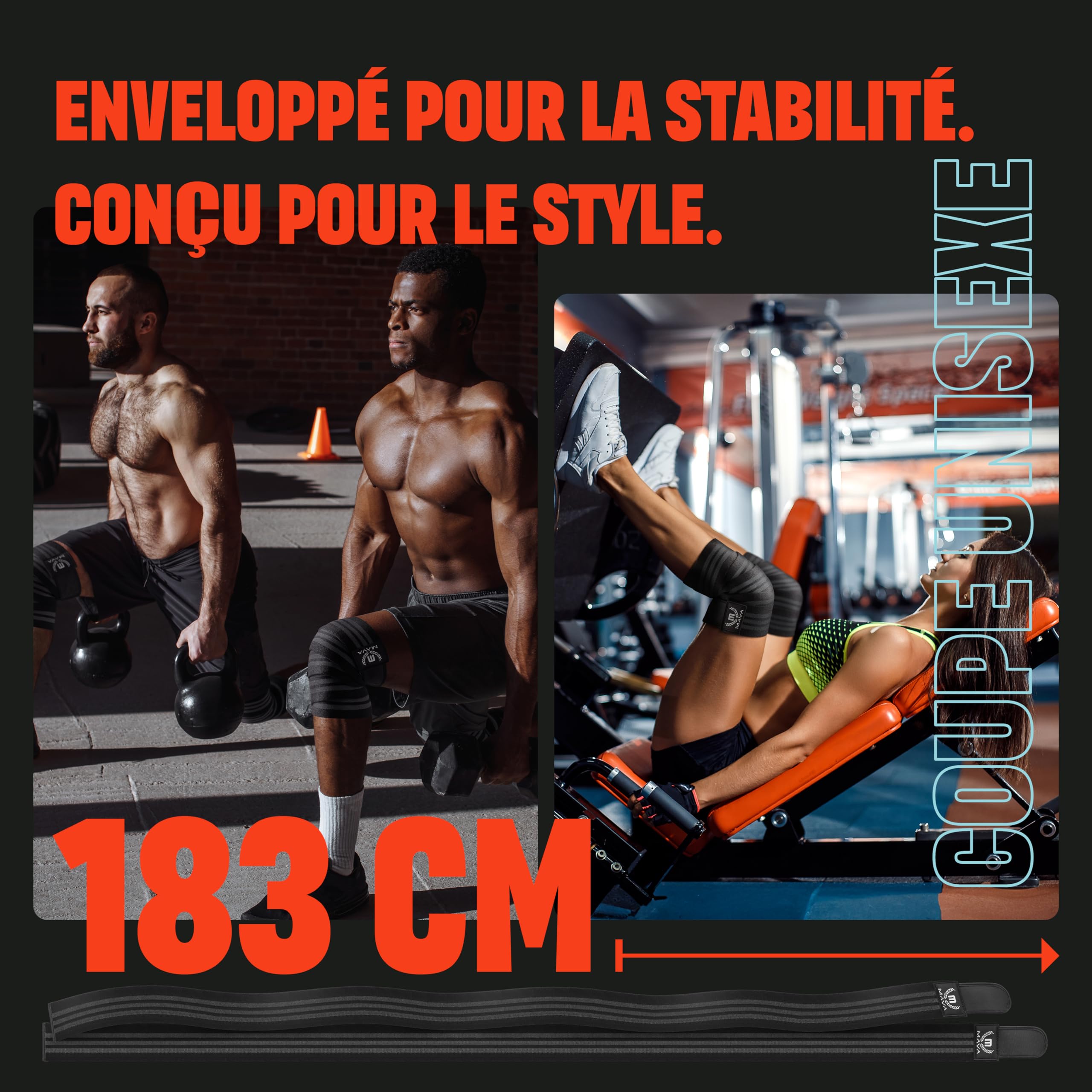 Genouillère de Compression Mava 183 cm pour Homme et Femme - Genouillère Squat pour Gym et Musculation - Attelle de Genou Support Élastique