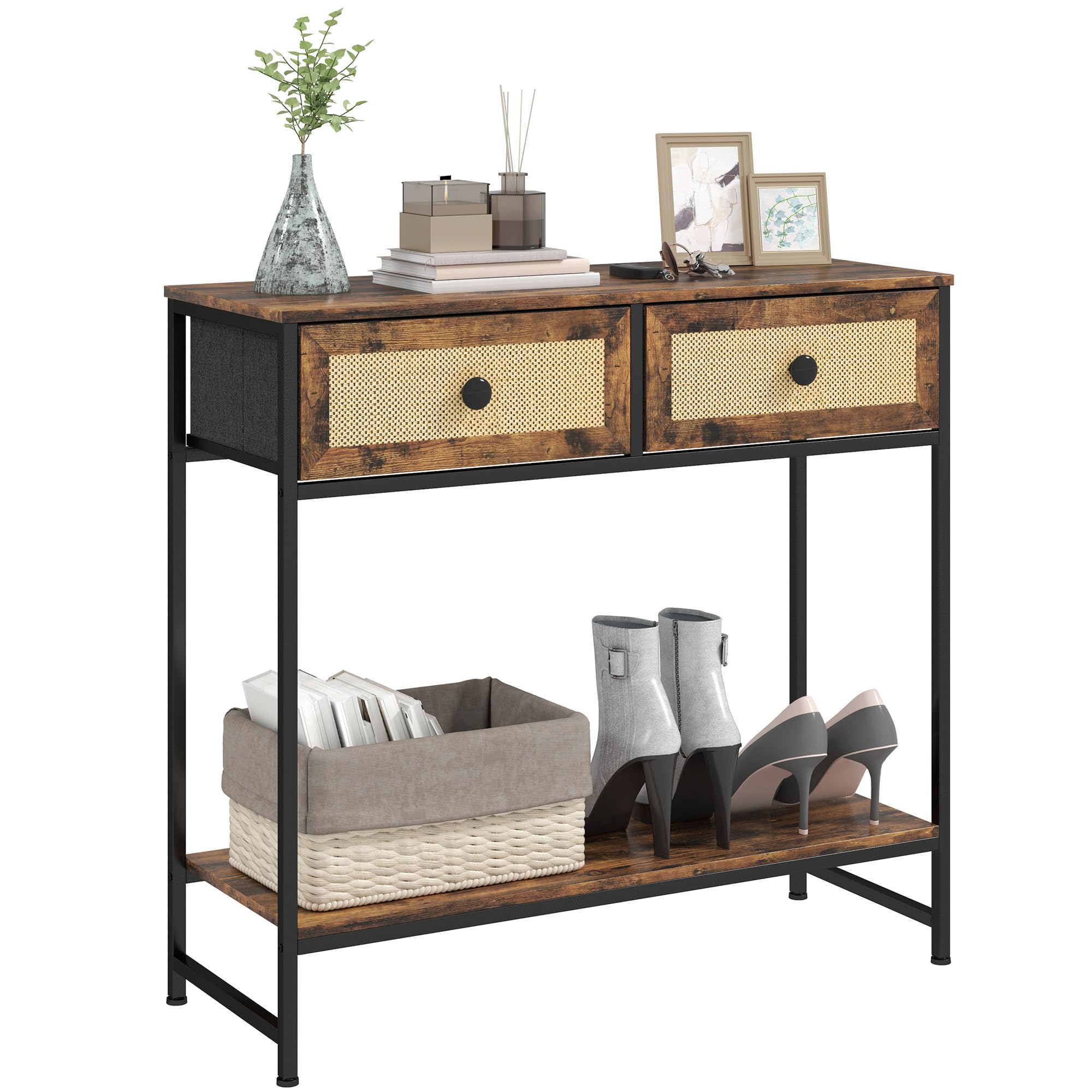 HOMCOM Mesa Consola Mueble para Recibidor con Estante Abierto y 2 Cajones Frontales de Ratán Consola para Recibidor Entrada Pasillo 80x30x75 cm Marrón Rústico