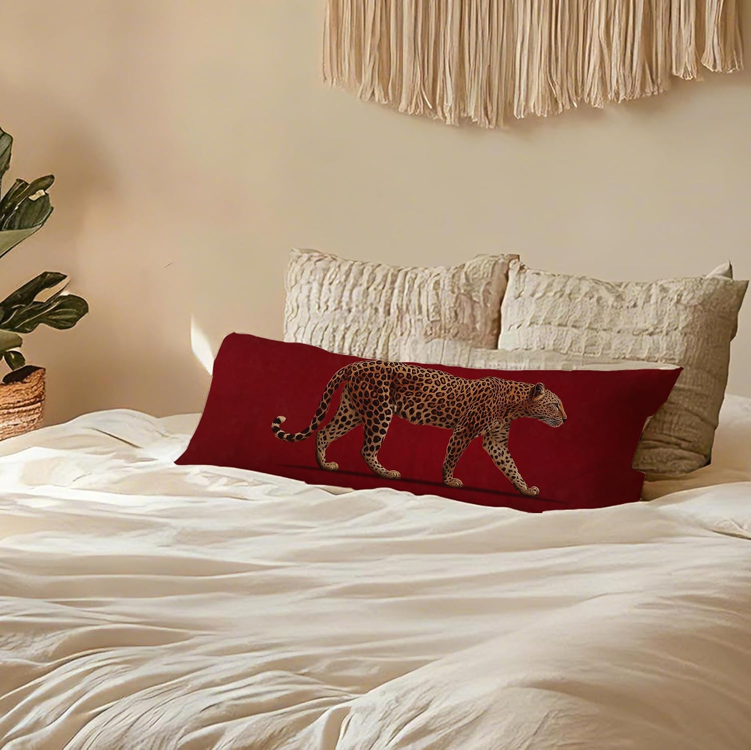 Red Leopard 20x54 Body Pillow Cover, Red and Cheetah Room Decor, Trendy Funky Cheetah Print Body Pillow Pillowcase with Zipper for Girls Room Bed Couch