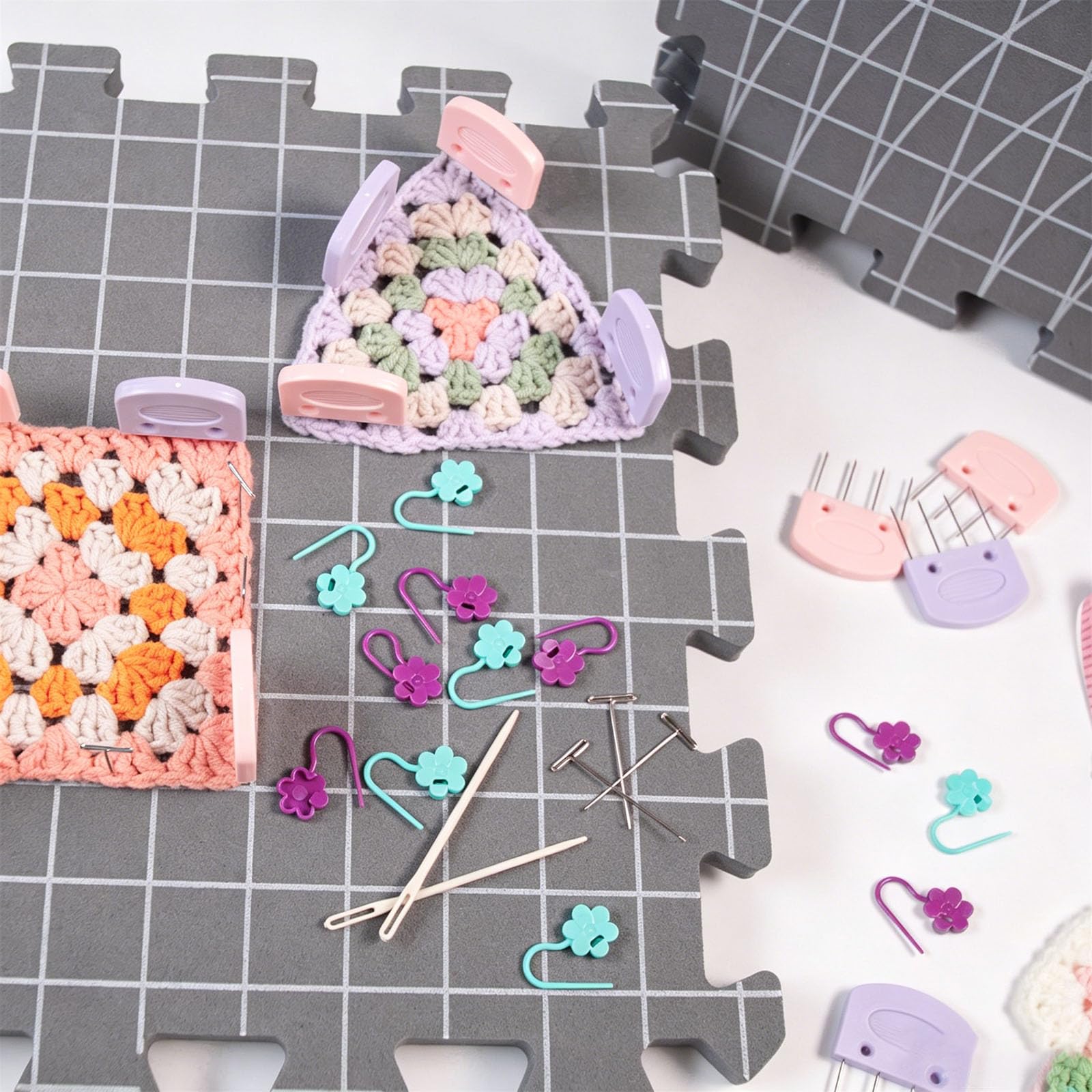 Tapetes de bloqueo para tejer con guías de medición impresas, juego de 4 tapetes, bolsa de transporte y herramientas de modelado para trabajos de crochet Tapetes de bloqueo de punto Tabla de crochet