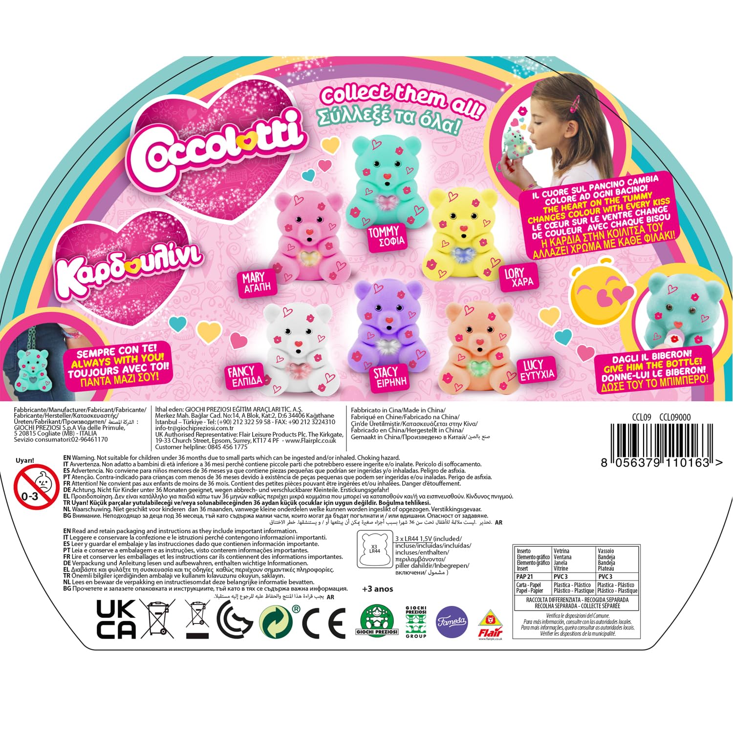 Giochi Preziosi COCCOLOTTI, interaktywny miś, który cię całuje, efekty świetlne, fioletowy wzór, dla dzieci od 3 lat, CCL094