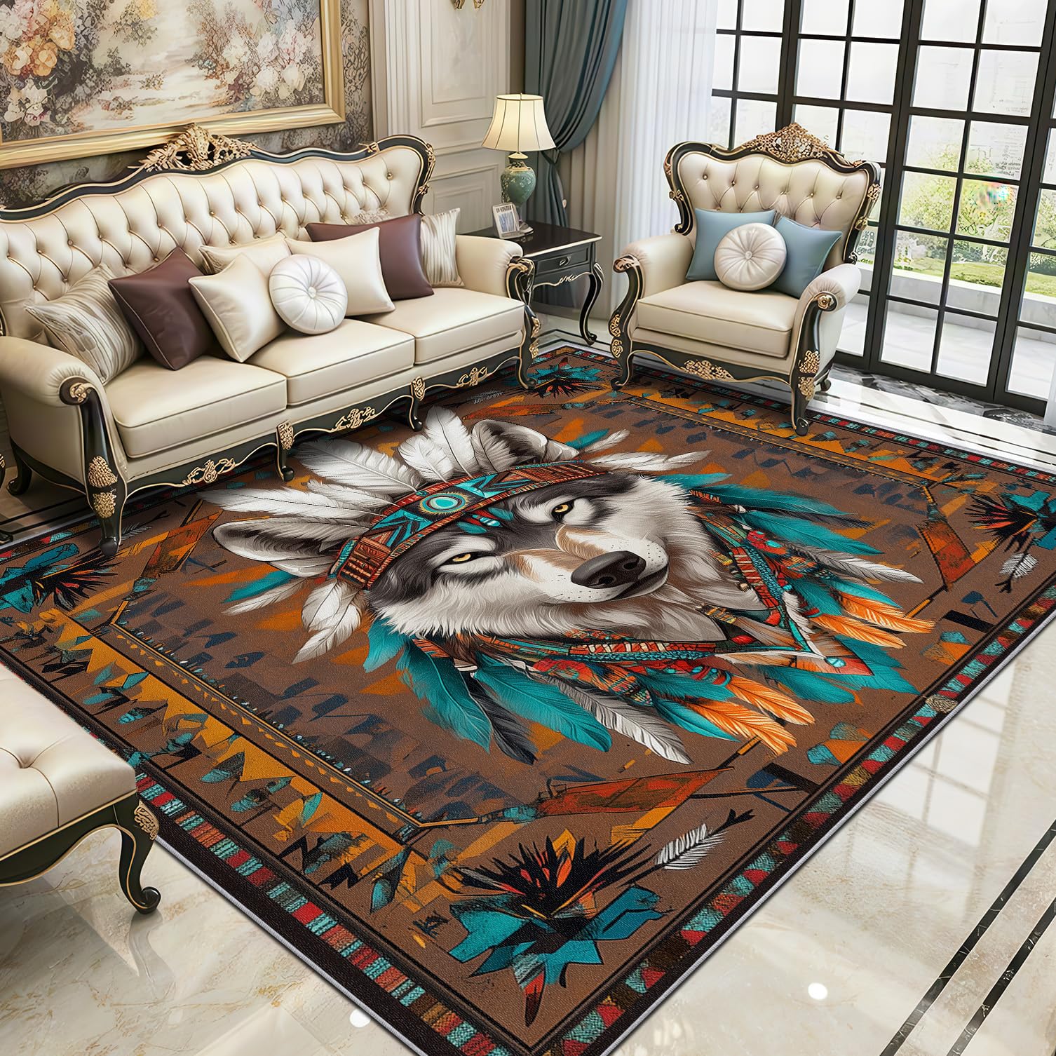 Wolf Area Rugs for Living Room 80x150 - Southwestern Native American Rug for Bedroom, Tribal Animal Non Slip Washable Short Pile Carpet