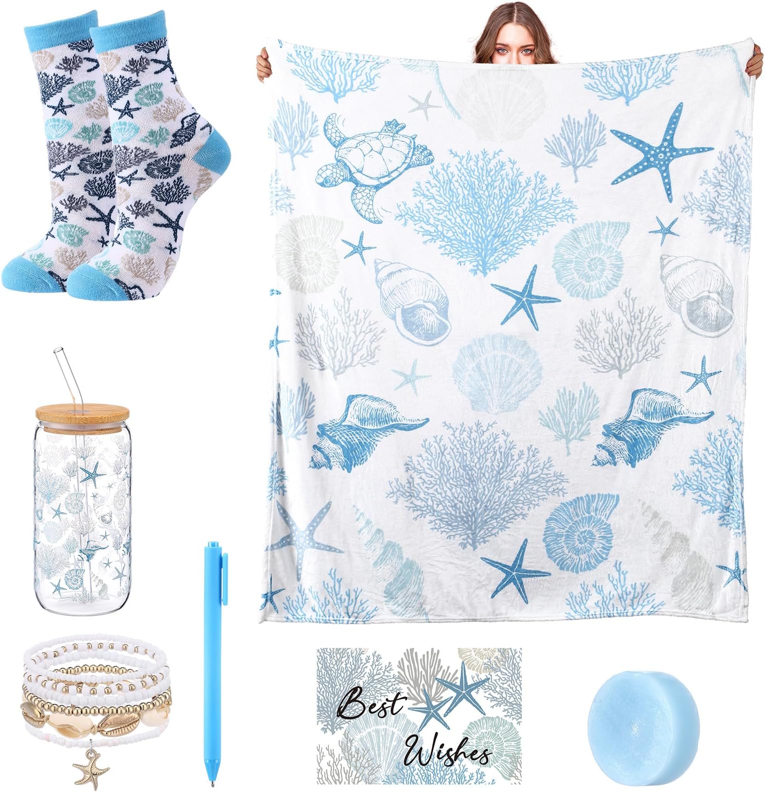 Ocean Beach Birthday Gift Set for Women Throw Blanket 50 x 60 Inch Starfish Seashell Coral Themed Include Bracelet, Card, Pen, Soap, Glass Tumbler, Socks for Her Friend Mom Thinking of You