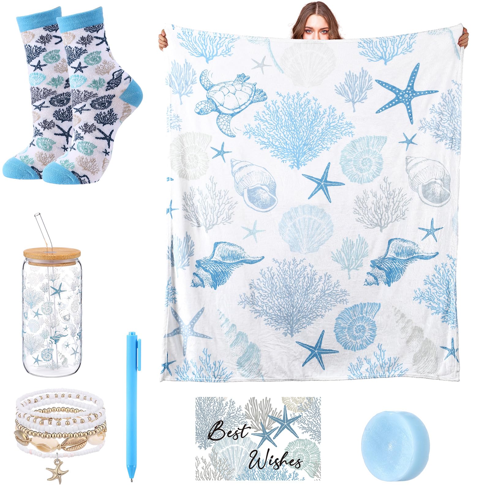Ocean Beach Birthday Gift Set for Women Throw Blanket 50 x 60 Inch Starfish Seashell Coral Themed Include Bracelet, Card, Pen, Soap, Glass Tumbler, Socks for Her Friend Mom Thinking of You