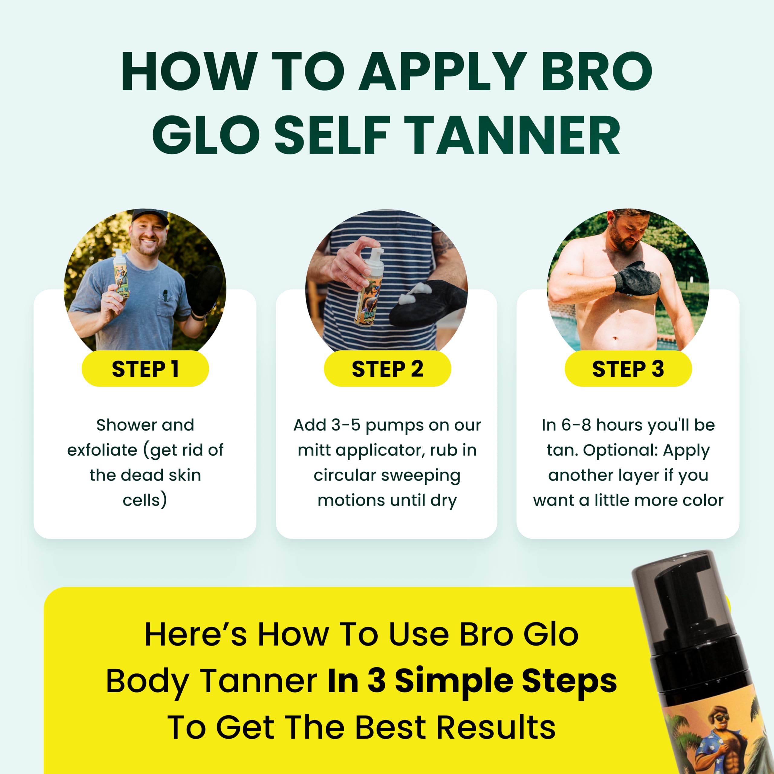 Bro Glo Selbstbräuner für Jungs – schnelle Anwendung, Schaum-Mousse, einfache sonnenlose Bräune für Gesicht und Körper, ölfrei, wasserbasiert, schnellere Hauttrocknung, natürliche sonnengeküsste