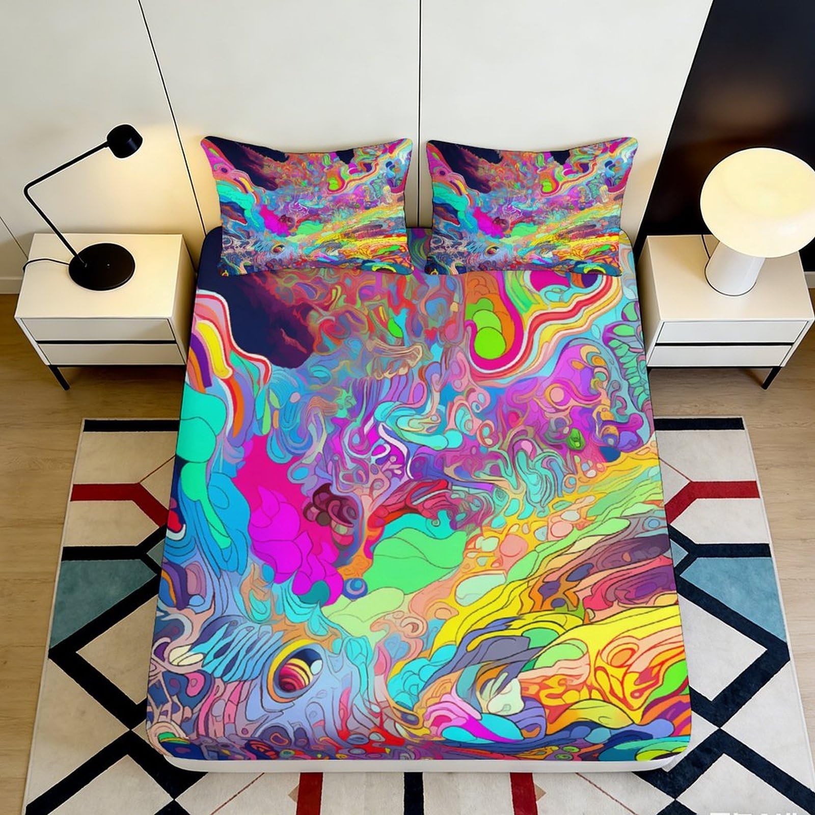 3D Printed Psychedelic Swirl Fitted Sheet Microfiber Soft Vibrant Abstract Bed Cover for Bedroom Dorm Decor 90x200x25cm