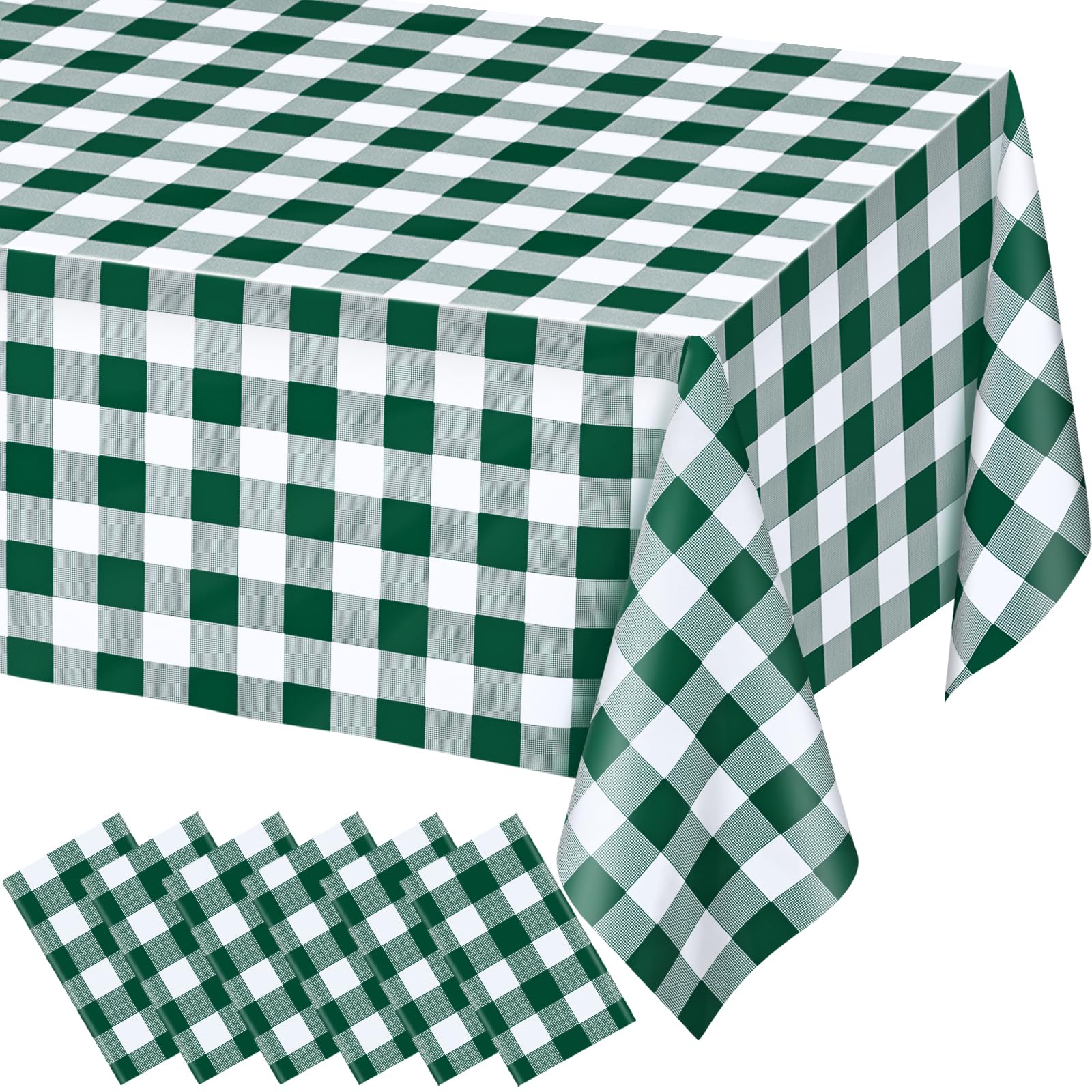 WNINK 6 Pack Green and White Checkered Rectangular Plastic Tablecloths, Green Gingham Waterproof Disposable Table Covers 54" x 108" for Birthday, Wedding, Outdoor Picnic Camping Parties