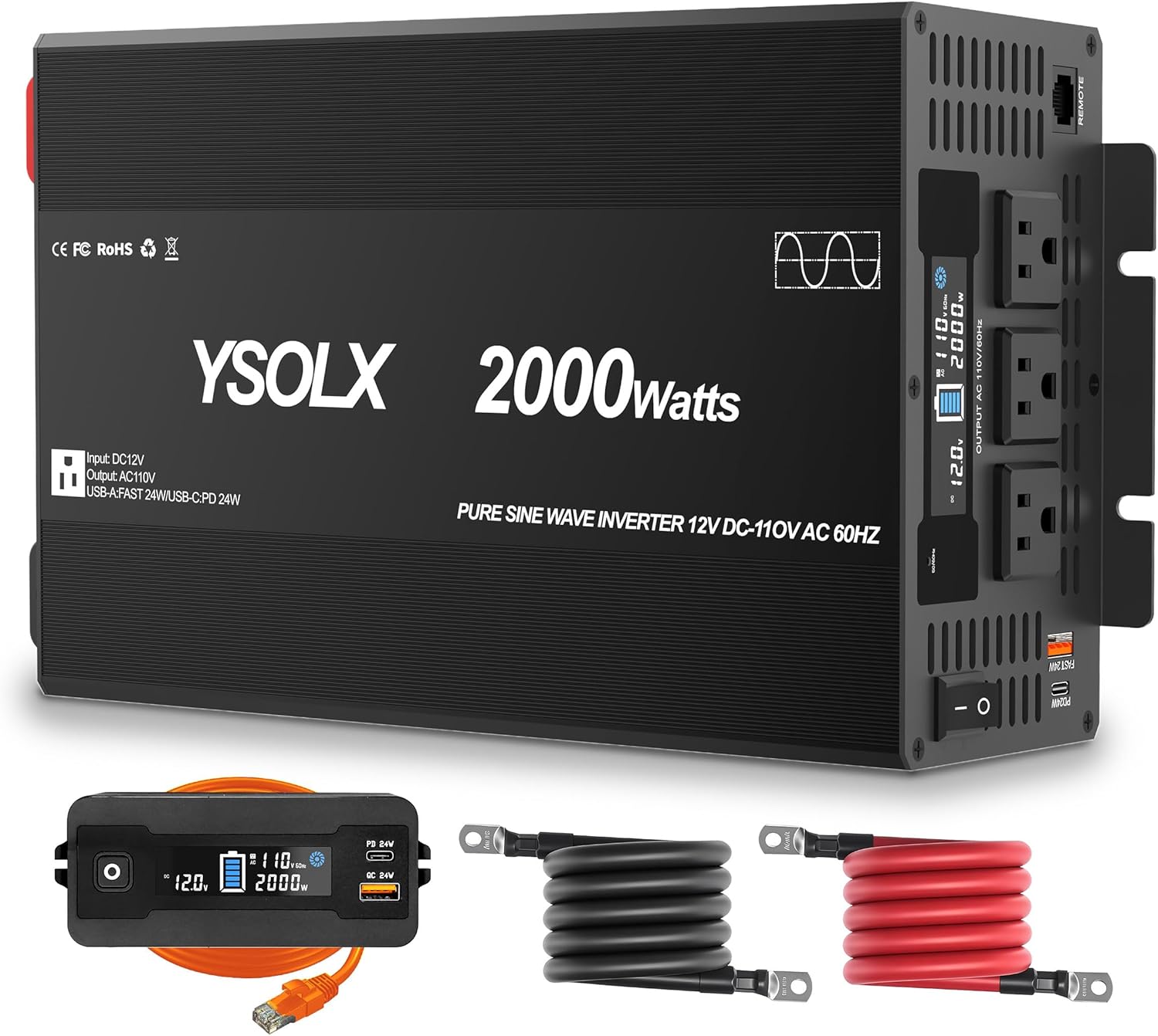 YSOLX 2000W Pure Sine Wave Power Inverter 12V to 110V/120V AC Converter for Home, RV, Truck, AC Hardwire Port, Remote Controller，Off-Grid Applications