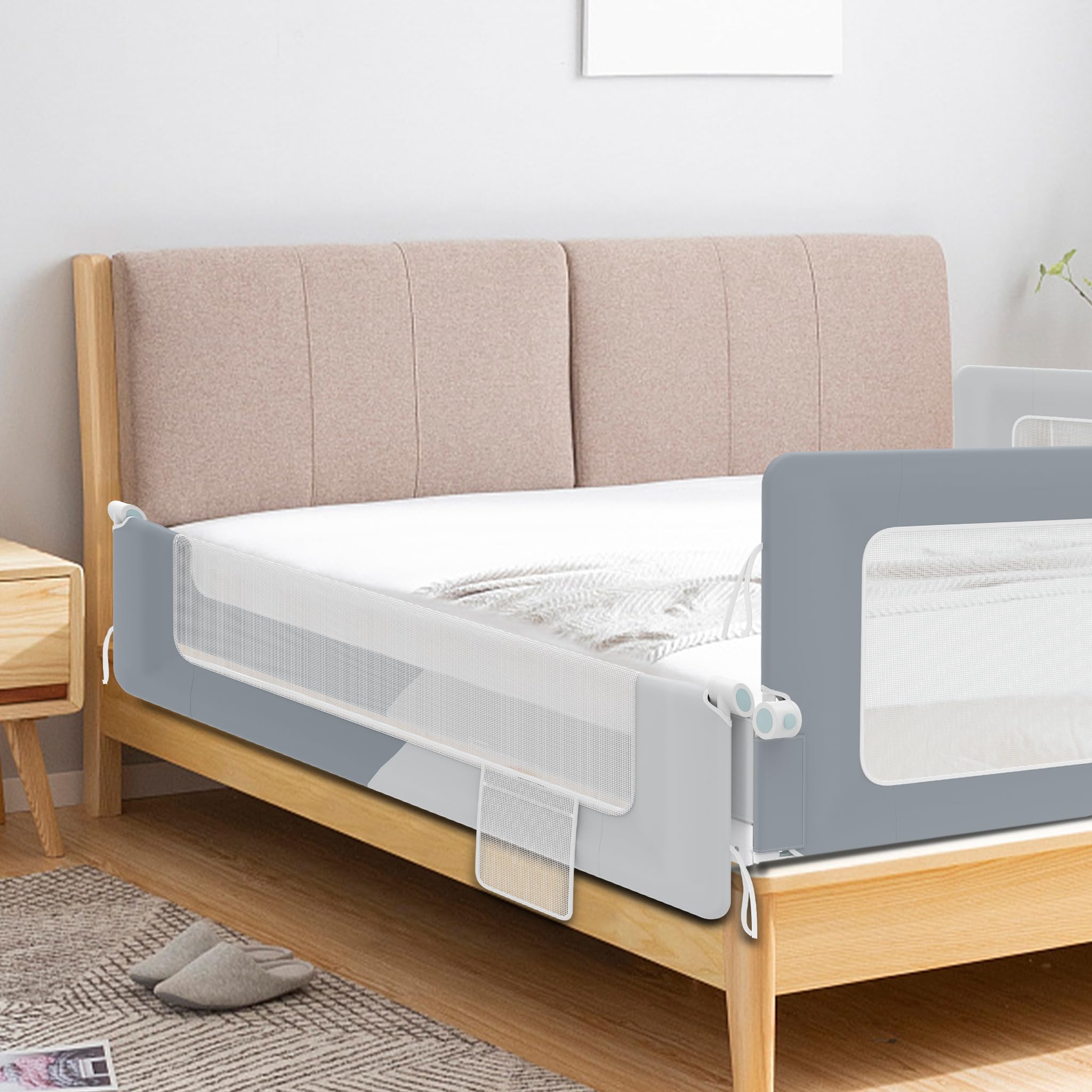 YUENFONG Barrera de cama de 200 cm, protección anticaídas para niños, altura regulable de 72 a 96 cm, plegable, color gris oscuro y gris claro
