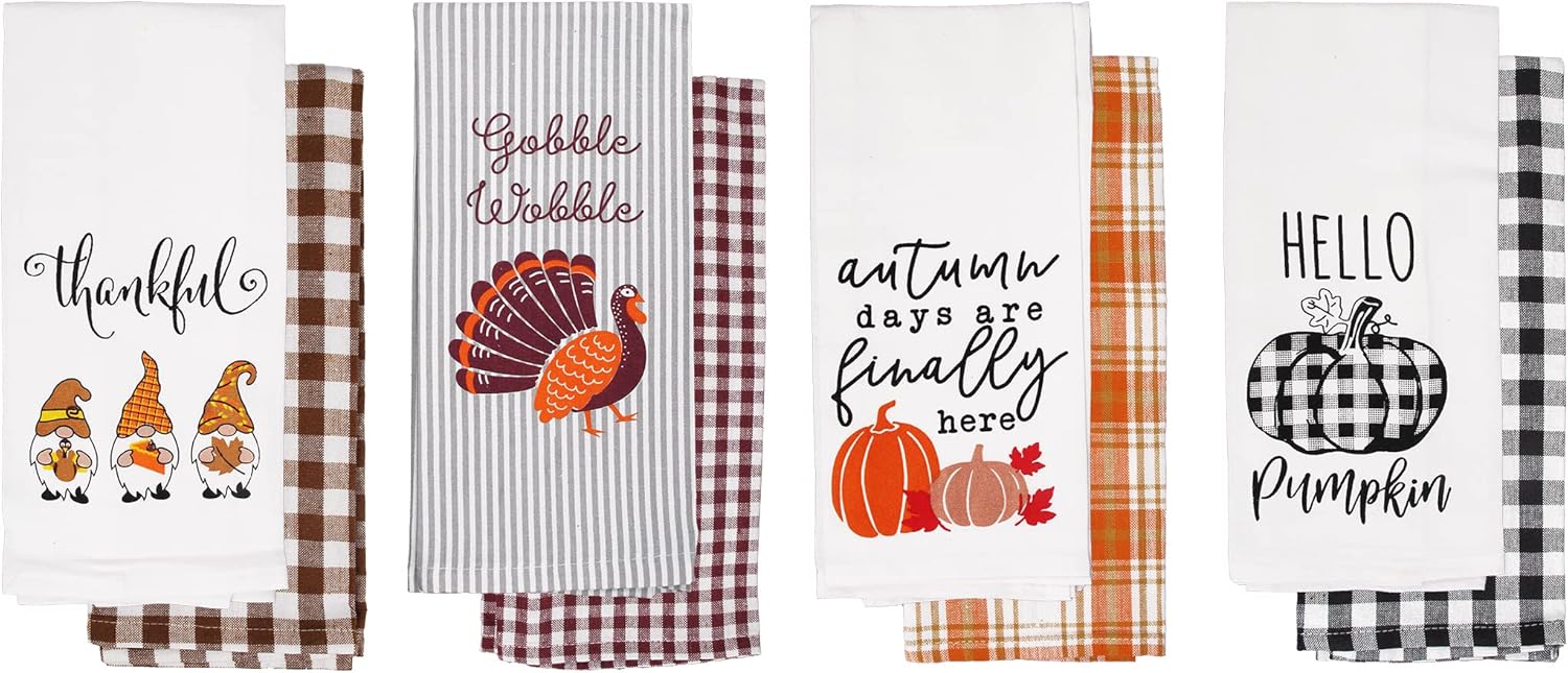 fillURbasket Fall Kitchen Towels Set of 8 Autumn Dish Towels Set Turkey Pumpkin