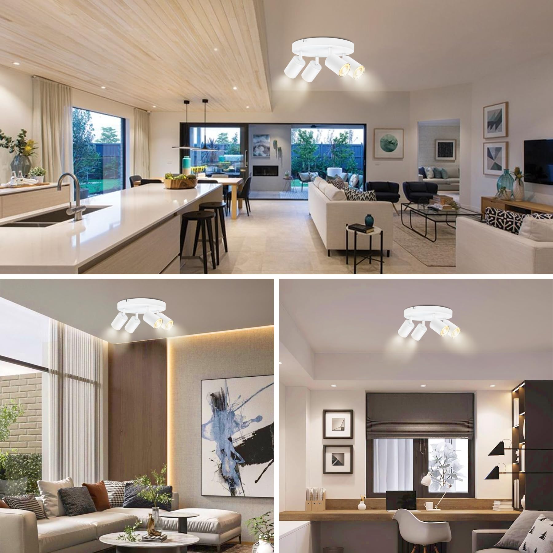 GU10 Lámpara de Techo con 4 Focos, Foco de Techo LED Ajustables y Giratorios, Plafón Moderno Blanco para Salon, Dormitorio, Sin Bombilla
