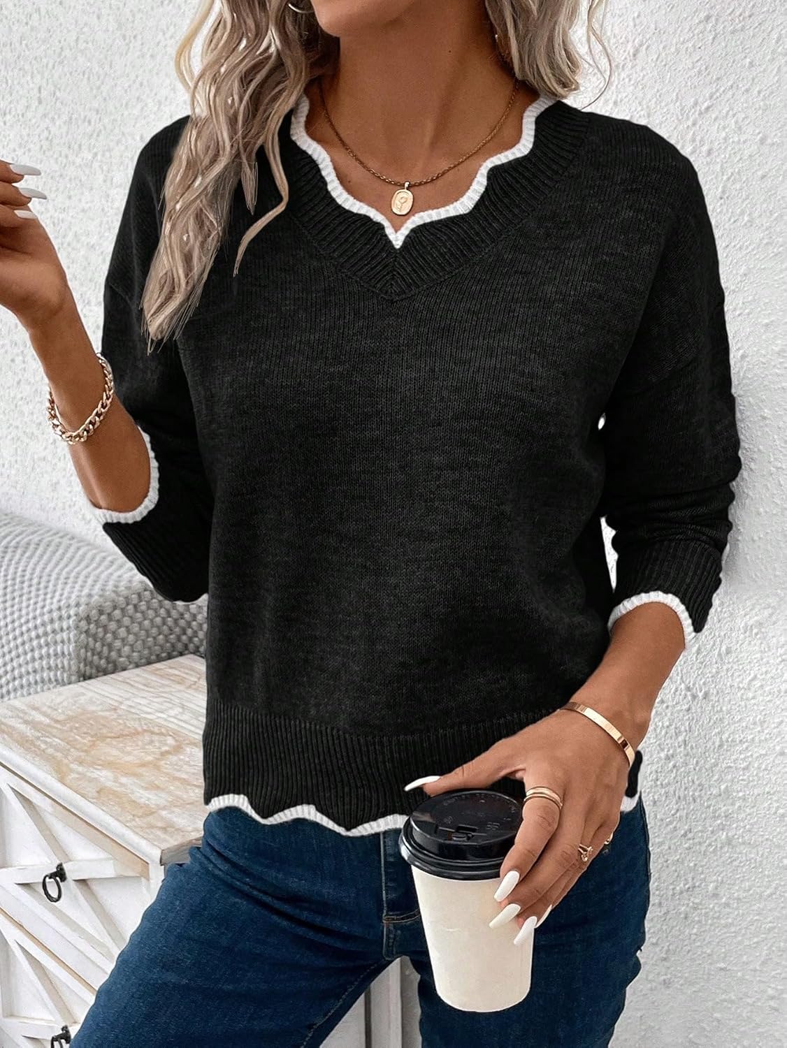 MakeMeChic Women's 2024 Fall Sweaters Long Sleeve Lettuce Trim Lightweight Ribbed Knit Casual Pullover Sweater Tops - Image 6