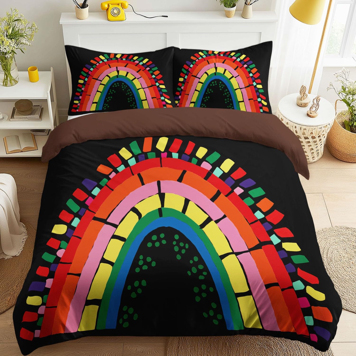 3-częściowy komplet pościeli z kreskówki, 240 x 220 cm, kolorowa poszewka na kołdrę – kolorowa bloczek kolorów, patchwork, miękka mikrofibra, 2 poszewki na poduszkę 80 x 80 cm, czarna