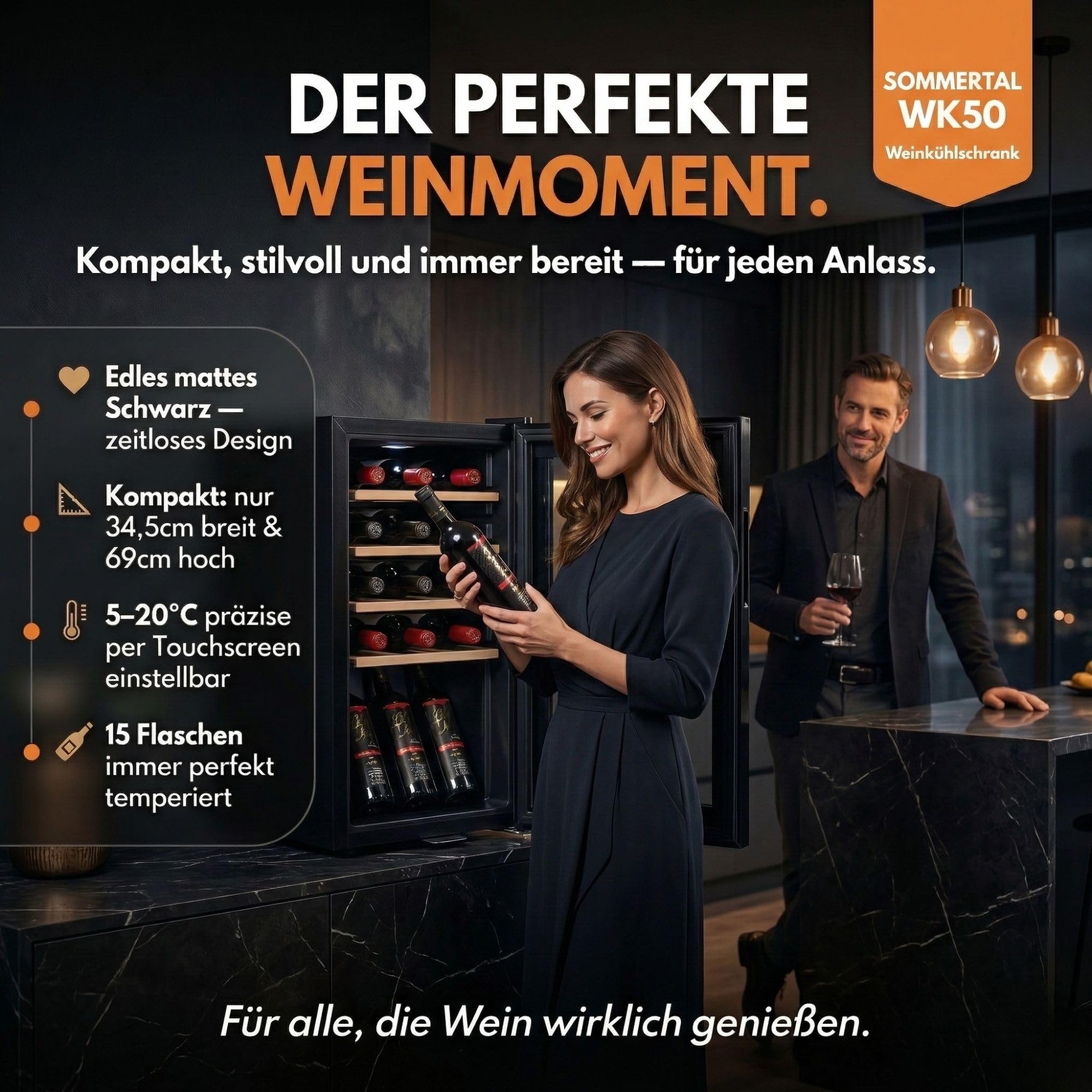 Sommertal Frigorifero per vino con porta in vetro WK50 – 15 bottiglie, regolabile 5–20°C, bloccabile, illuminazione a LED, porta in vetro, touchscreen, 4 ripiani in legno, silenzioso e a risparmio