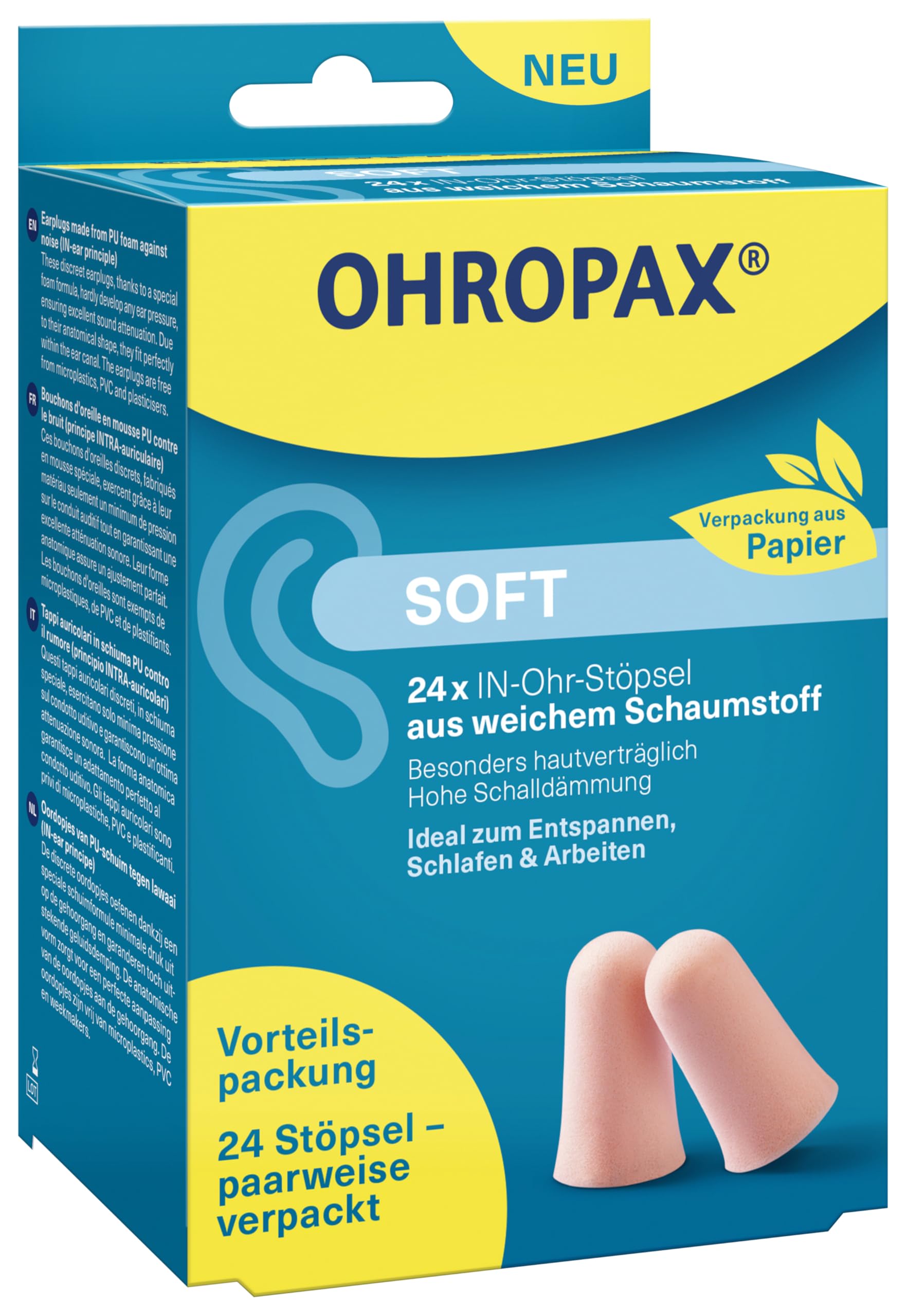 OHROPAX Soft Ohrstöpsel Vorteilspackung – IN-Ohr-Stöpsel aus weichem Schaumstoff – Schalldämmwert SNR 31 dB – zum Entspannen, Schlafen und Arbeiten – nachhaltige Verpackung aus Papier - 24 Stück