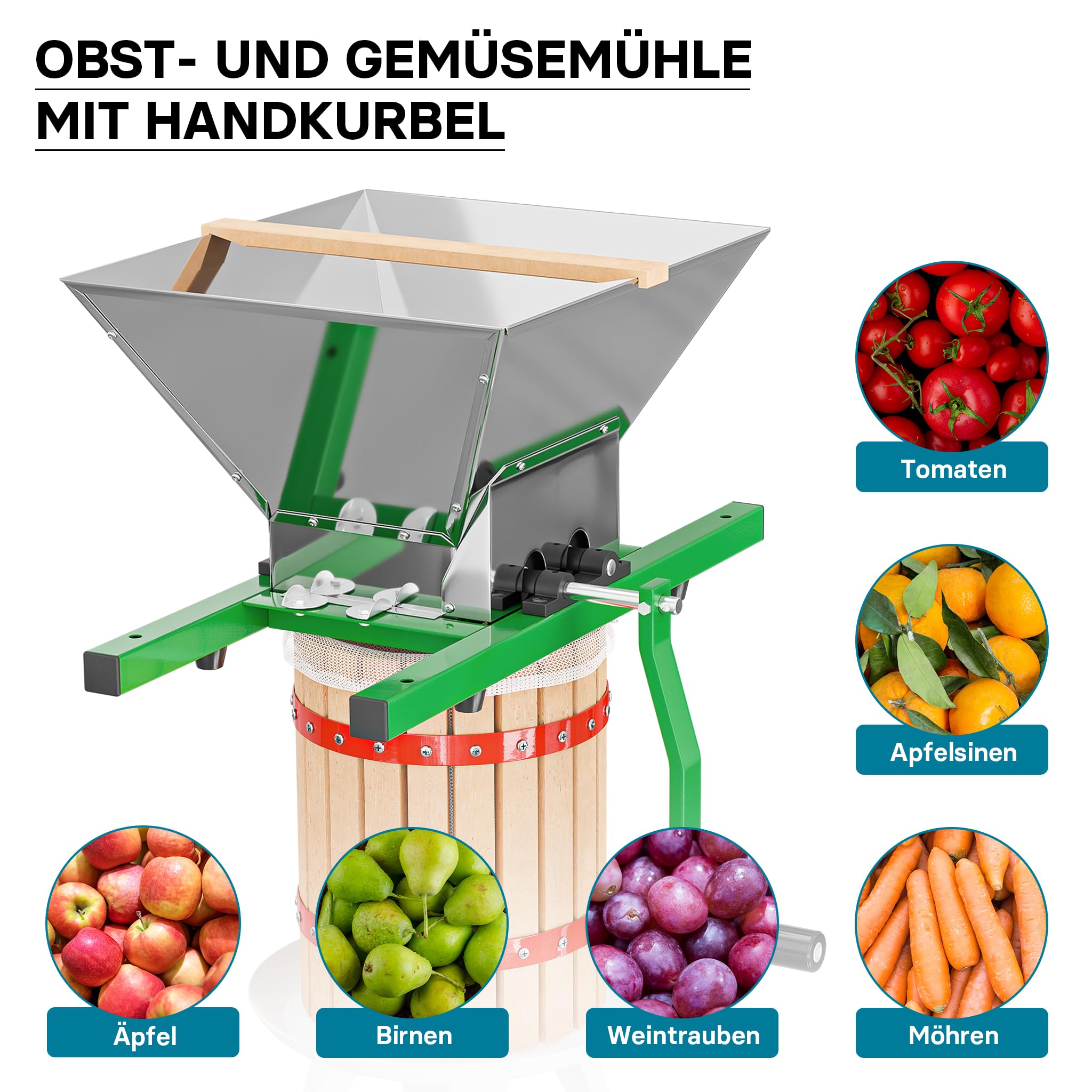 Wiltec Set 18L Obstpresse aus Buchenholz inkl. Presstuch und Obstmühle mit 7L Trichter, Zur Herstellung von Saft Wein und Maische