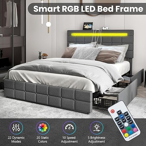 Miniatura 5 de KOMFOTT Base de cama matrimonial con estación de carga y luces LED, base de cama tapizada con cabecera ajustable y 4 cajones de almacenamiento,