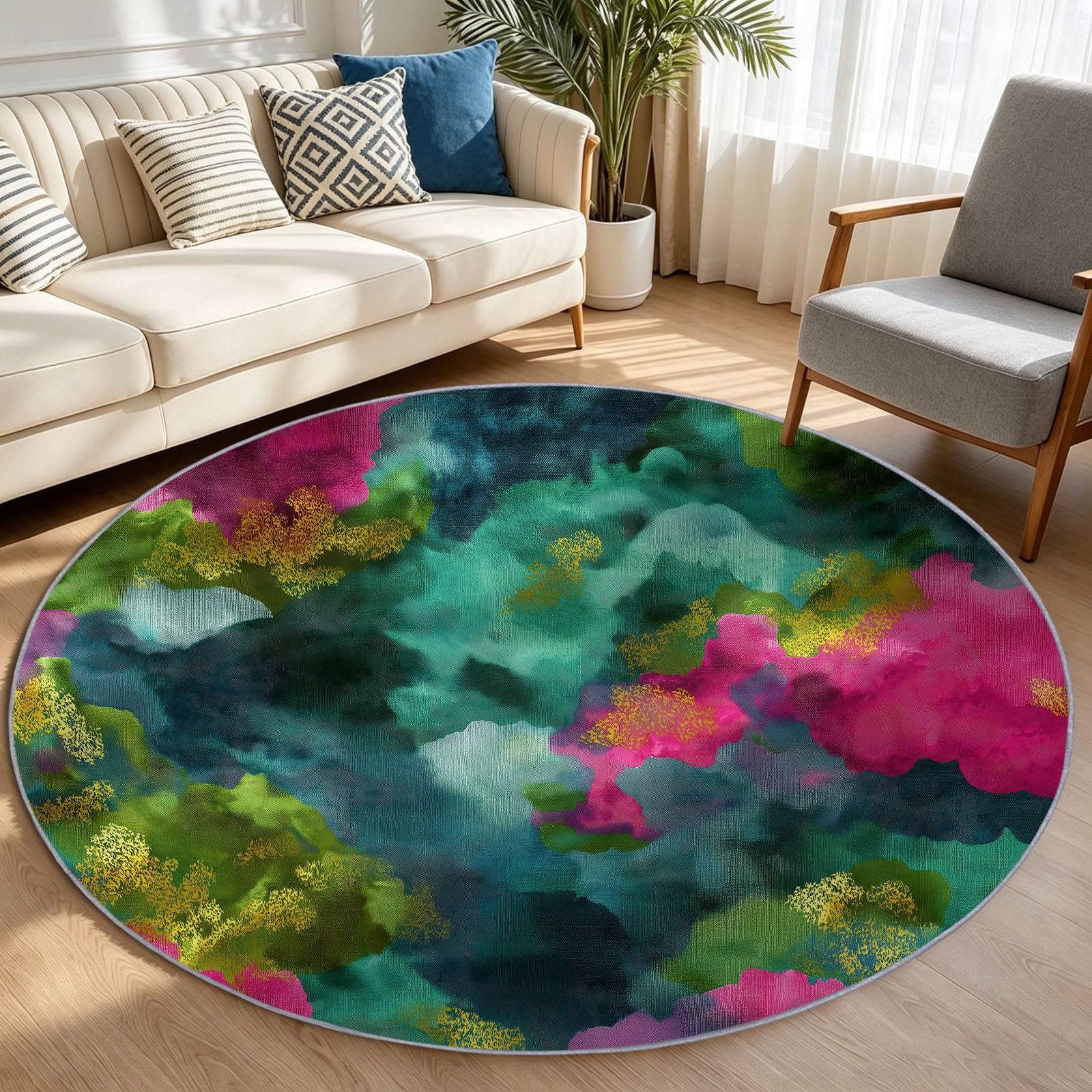 Alfombra redonda abstracta moderna, lavable, 100 cm, verde