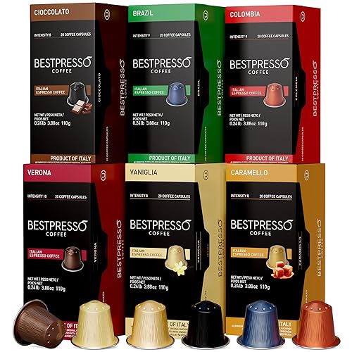 Bestpresso Café para Nespresso Original Machine 120 cápsulas de aluminio certificado genuino expreso surtido mezcla sabor y tostado oscuro, cápsulas