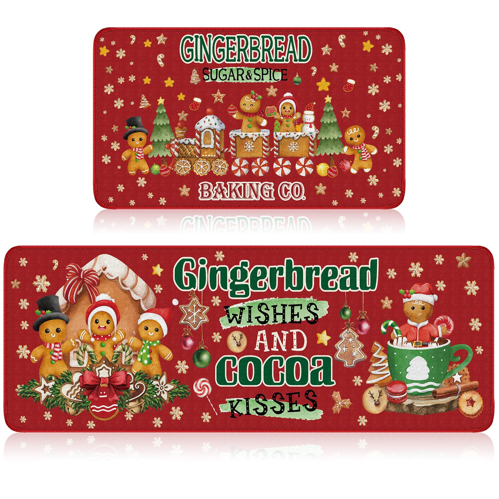 Ceenna 2 Pcs Merry Christmas Kitchen Rugs and Mats Set Winter Holiday Sink Floor Mat Santa Claus Kitchen Bathroom Mat Xmas Tree Floor Mat Decor for Home, 17 x 30, 17 x 47 in (Gingerbread Man)