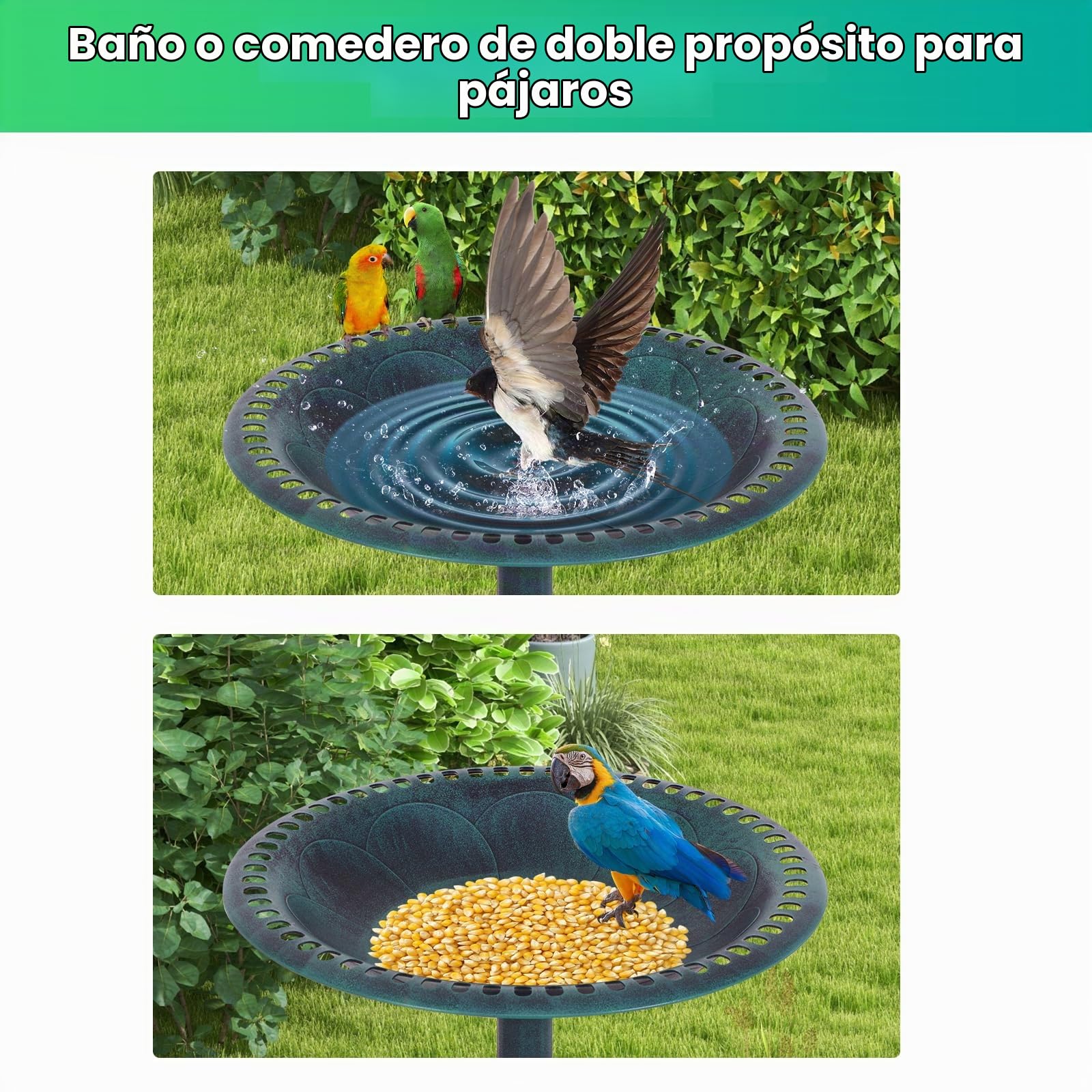 RELAX4LIFE 3 en 1 Comedero para Pájaros de PP con Soporte Grande, Bebedero para Pájaros con 3 Estacas a Tierra y Base Rellenable para Jardín, Patio y Parque, 51x51x72cm (Bronce Verde)