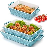 Hacaroa 3-Piece Ceramic Baking Dishes Set with Handles - Lake Blue Rectangular Casserole Pans for Lasagna, Oven Safe Bakeware 3 Sizes