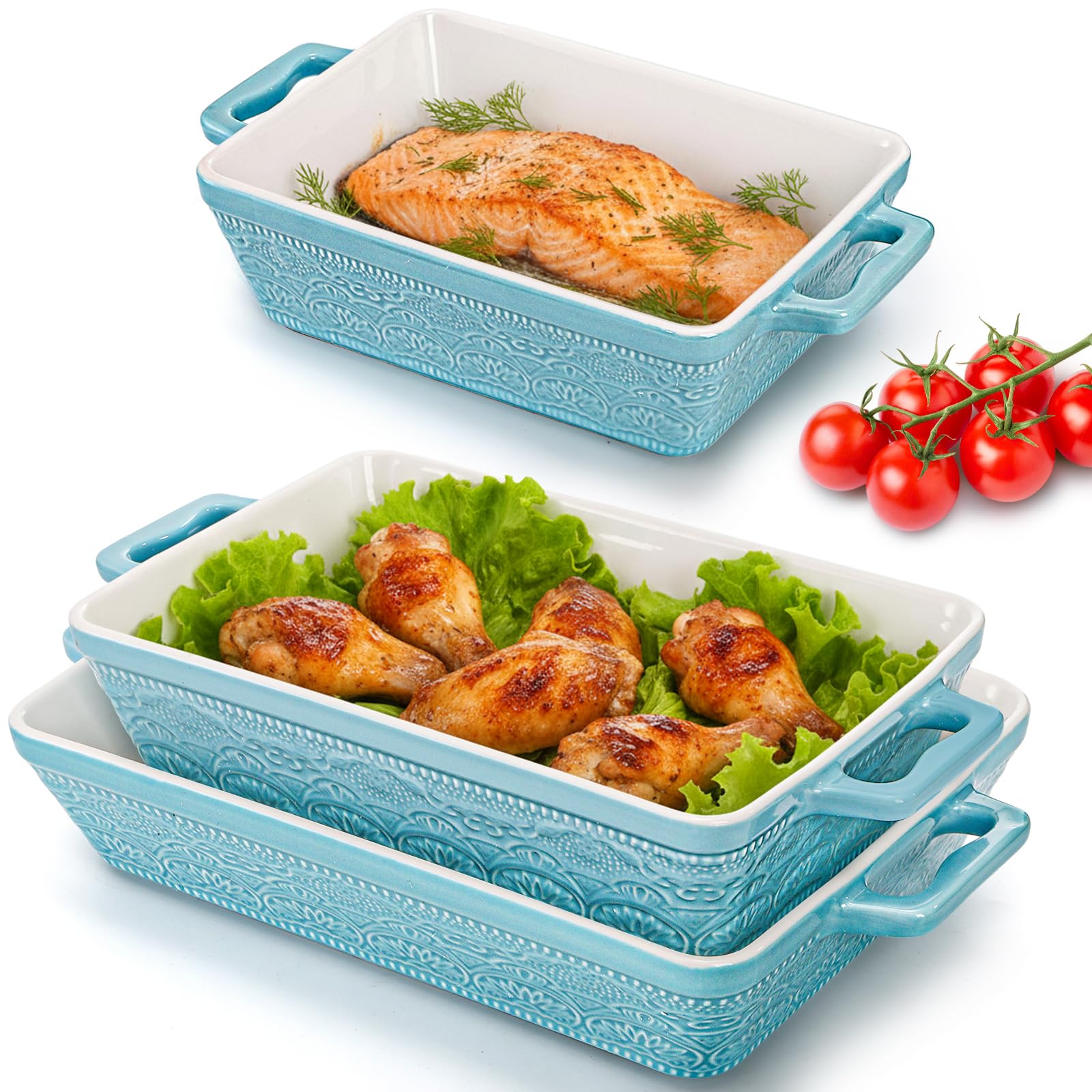 Set of 3 Ceramic Baking Dishes, Rectangular Bakeware with Handles, Elegant Casserole Dish Set Lasagna Pan for Baking, Cooking, Cake Dinner, Banquet, Lake Blue, 3 Sizes