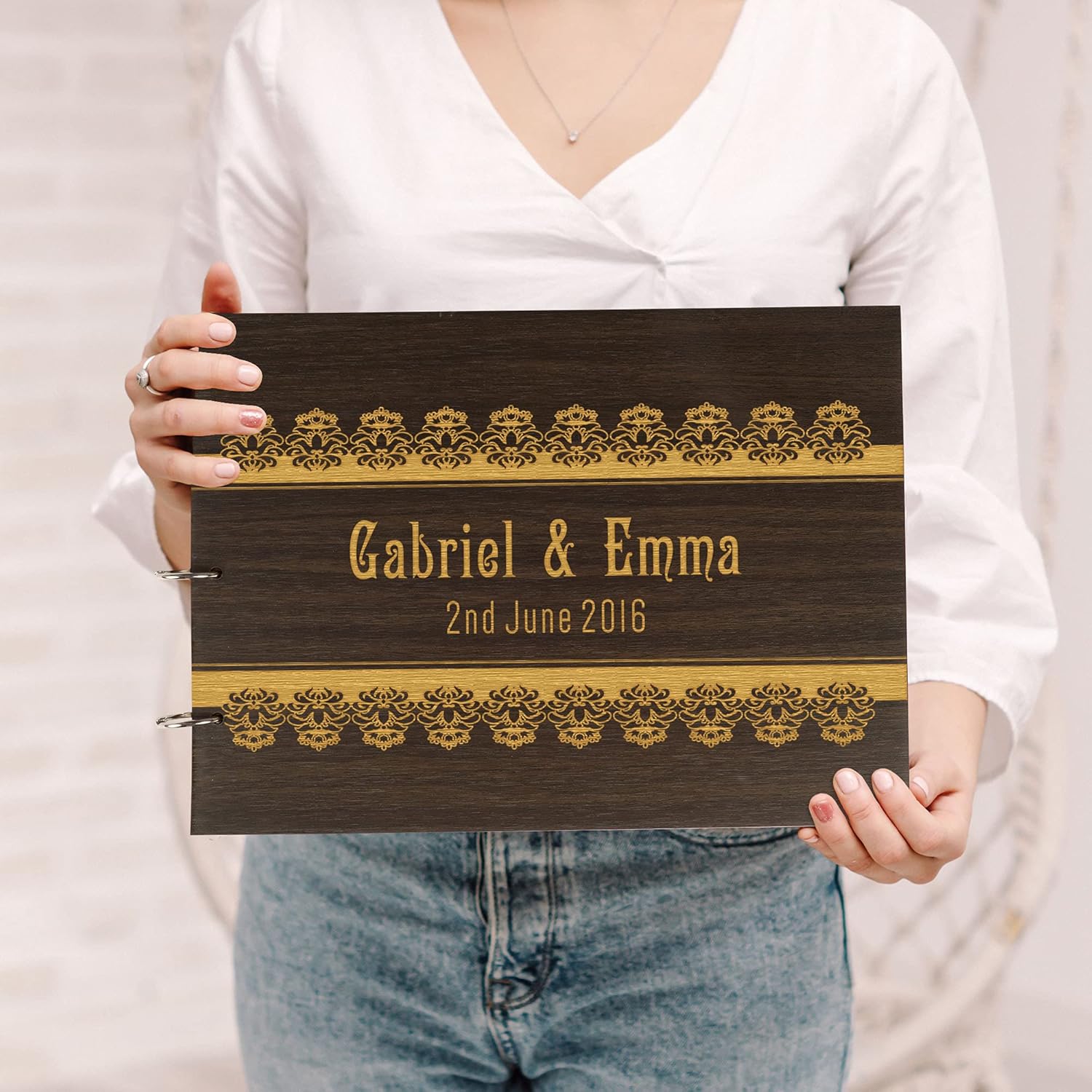 Darling Souvenir Personalized Engraved Laser Cut Wedding Guest Book Wooden Cover Sign-in Book Registry Guestbook Scrapbook-FC