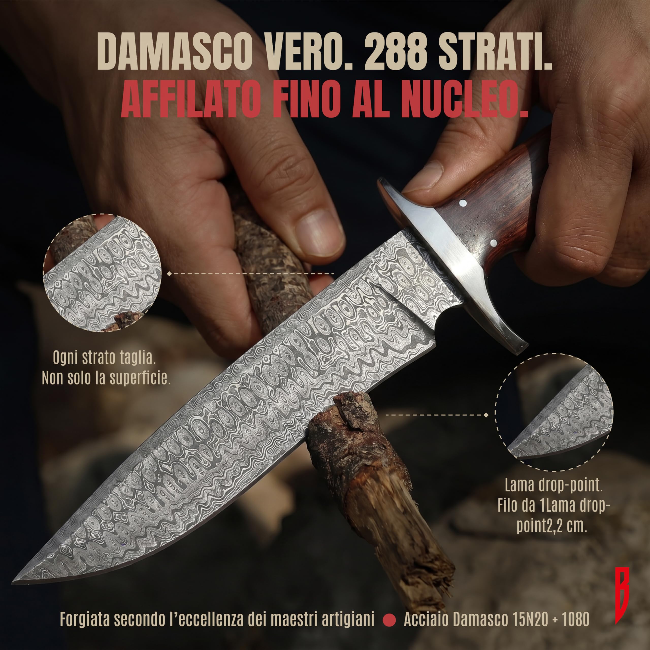 BIGCAT ROAR Patriot - Coltello da Caccia in Acciaio Damasco 35 6 cm - Manico in Legno di Noce e Fodero in Cuoio - Bushcraft Campeggio Sopravvivenza - Regalo Uomo Cacciatore o Collezionista